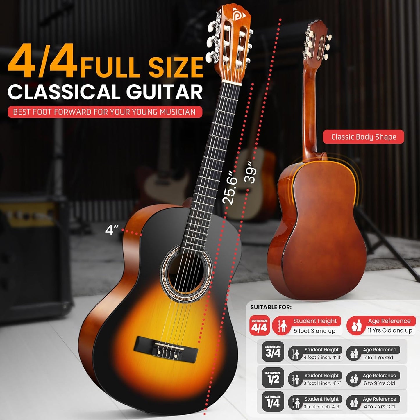 Pyle Beginner Acoustic Guitar Kit, 4/4 Junior Size All Wood Build Nylon String Instrument with Capo, Strap, Extra String Set, Gig Bag, Guitars for Beginners Adults Youth, 39" Sunburst Teardrop Gloss