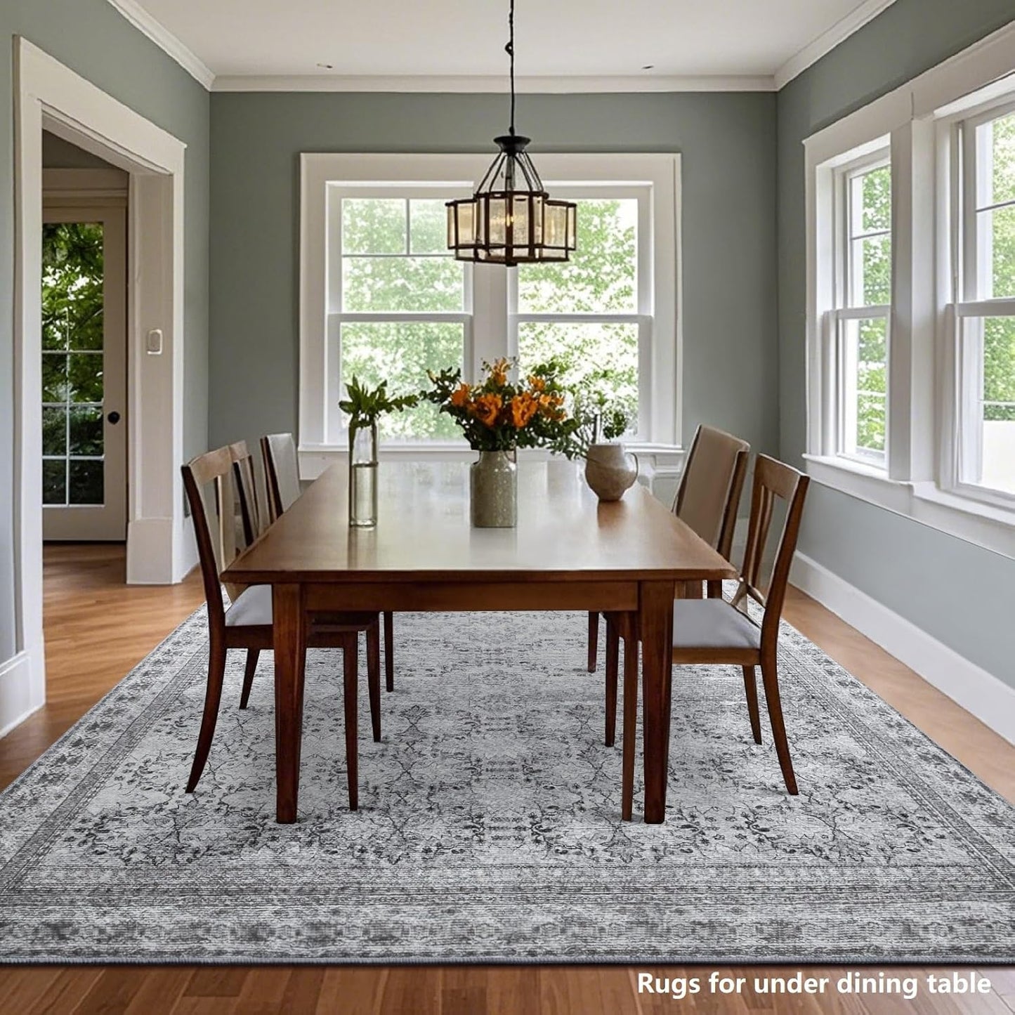 6x9 Washable Area Rug Non Slip, Faded Grey Living Room Rugs Low Pile, Thin Vintage Floral Carpets, Indoor Large Distressed Print Carpet for Bedroom Dining Room Farmhouse Home Office College Dorm