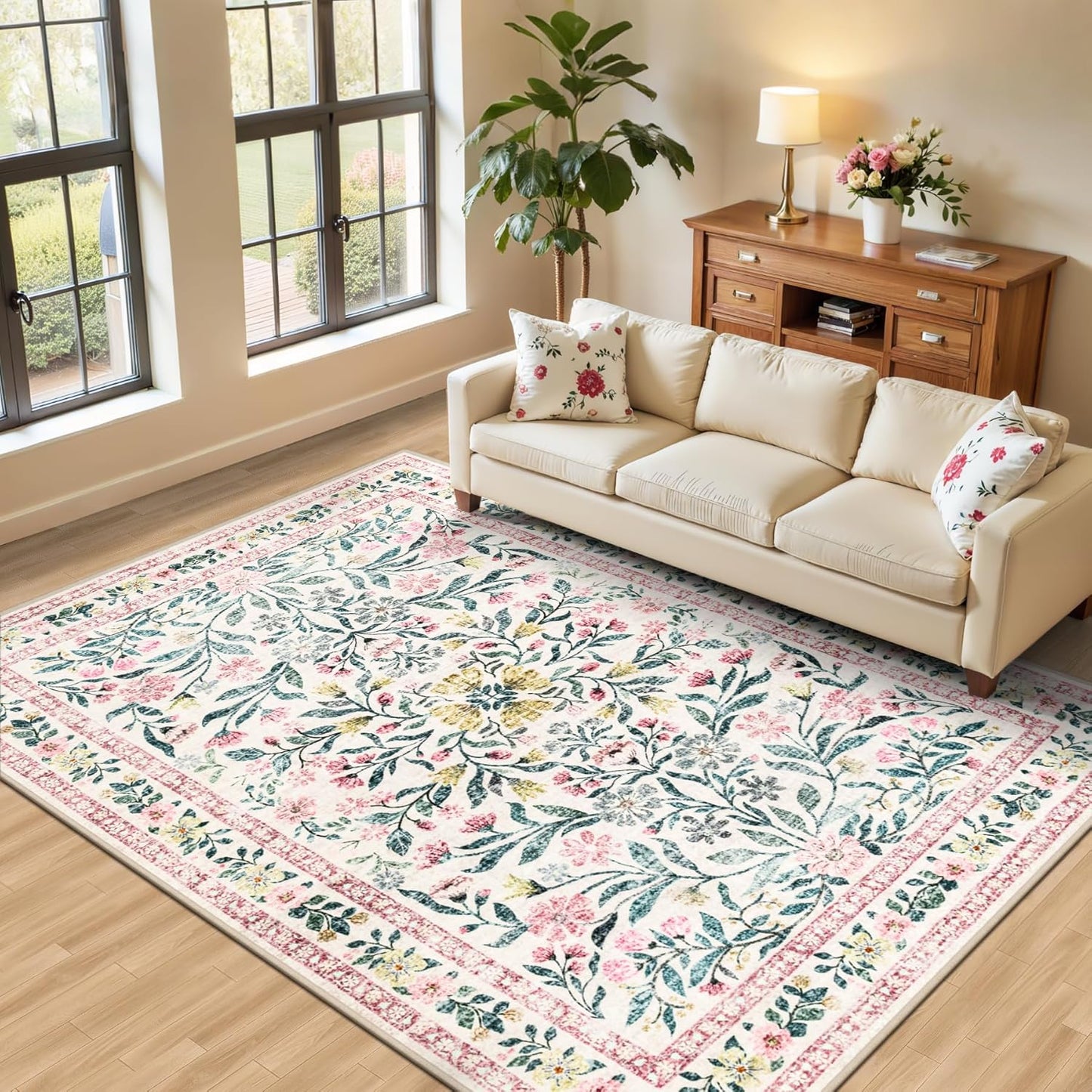 Area Rug Living Room Rugs: Floral 5x7 Washable Rug Vintage Soft Boho Non-Slip Carpet Indoor Stain Resistant Large Carpets for Bedroom Dining Room Farmhouse Nursery Hallway Home Office Pink Green