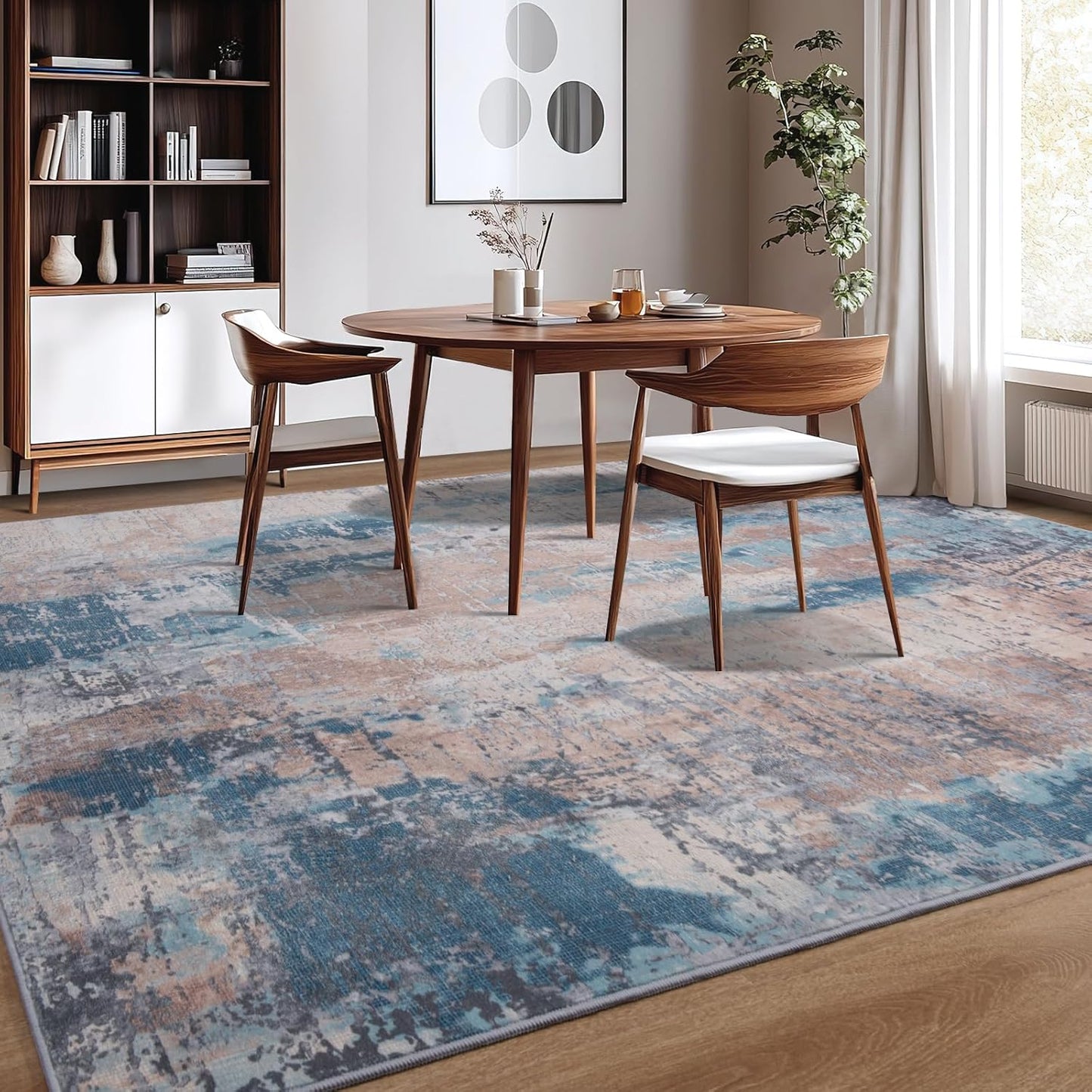 Area Rug Living Room Rug, 4x6 Modern Abstract Washable Rug Beige Blue Non Slip Foldable Faux Wool Vintage Carpet, Fluffy Non-Shedding Rugs for Living Room, Bedroom, Dining Room, Kids Playroom