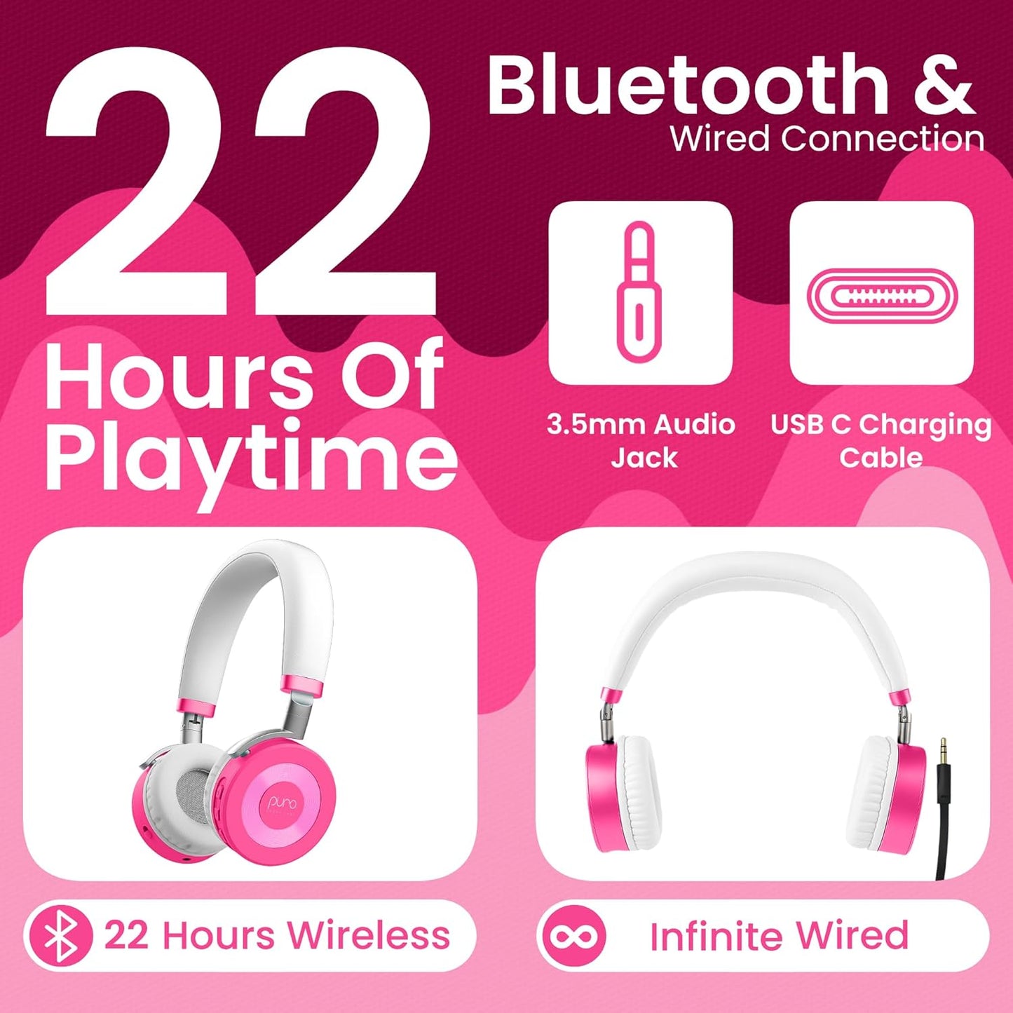 Puro Sound Labs JuniorJam Plus Volume-Limiting Wireless Bluetooth Headphones for Kids, Secure Audio with Adjustable On-Ear Design, 22-Hour Battery, Ideal for Tablets, Smartphones & PCs - Pink