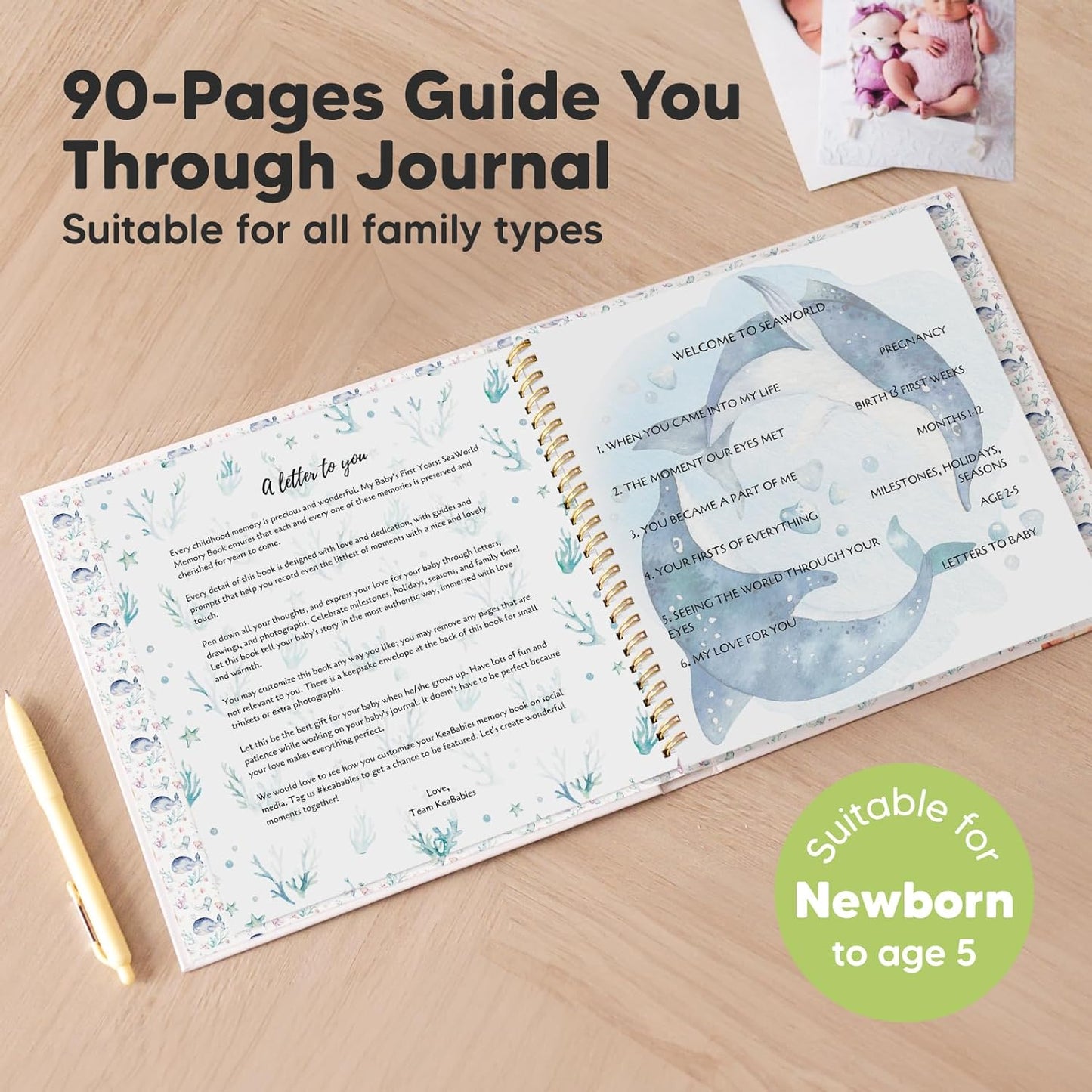 First 5 Years Baby Memory Book Girl, Boy - 90 Pages Hardcover First Year Milestone Keepsake Book, Newborn Scrapbook for New Parents, Minimalist Photo Album Journal, Gift for Baby Shower (SeaWorld)