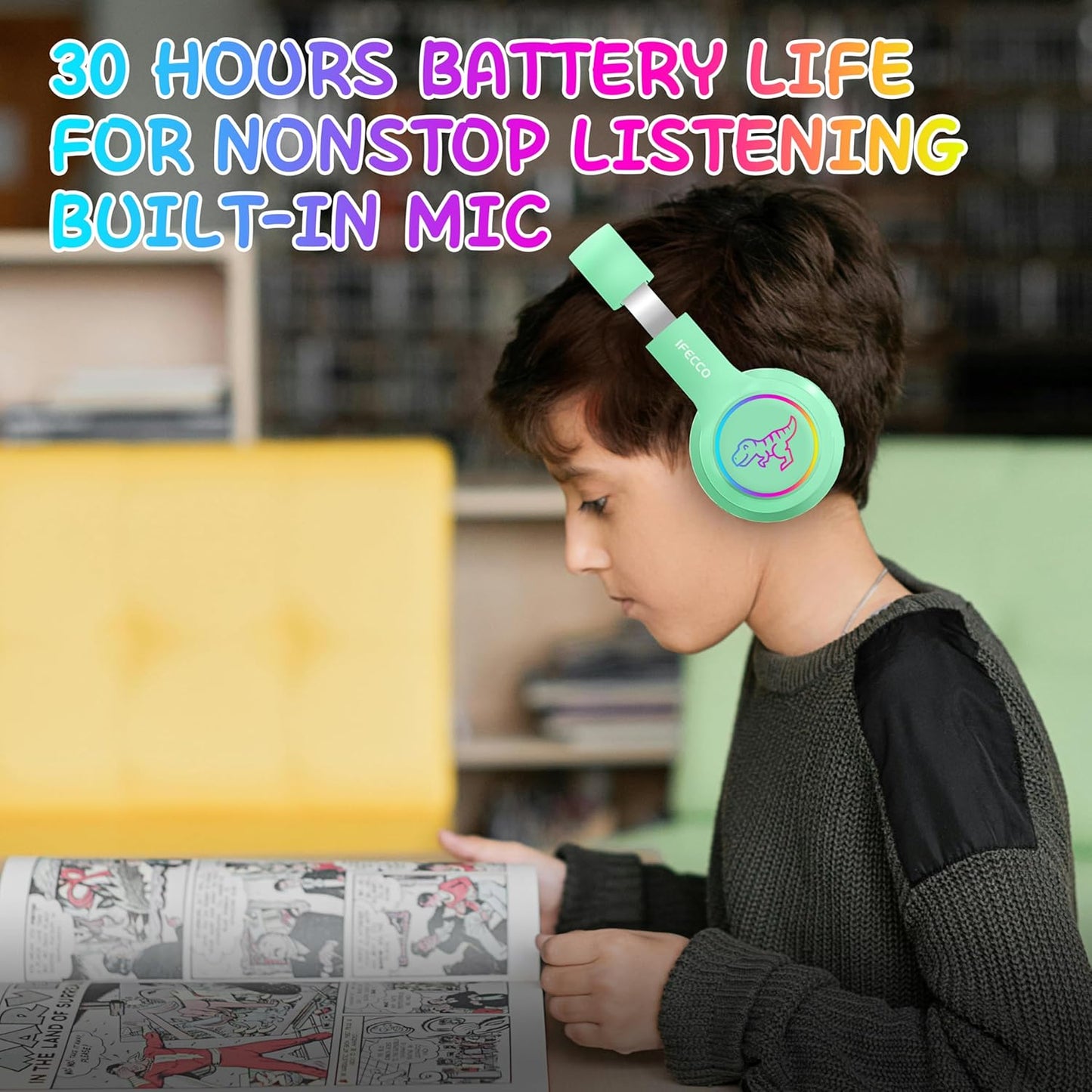 IFECCO Kids Wireless Headphones with Microphone,Cute Light Up Dinosaur Children Boys Girls Bluetooth Headphones with Case for School Travel Gifts