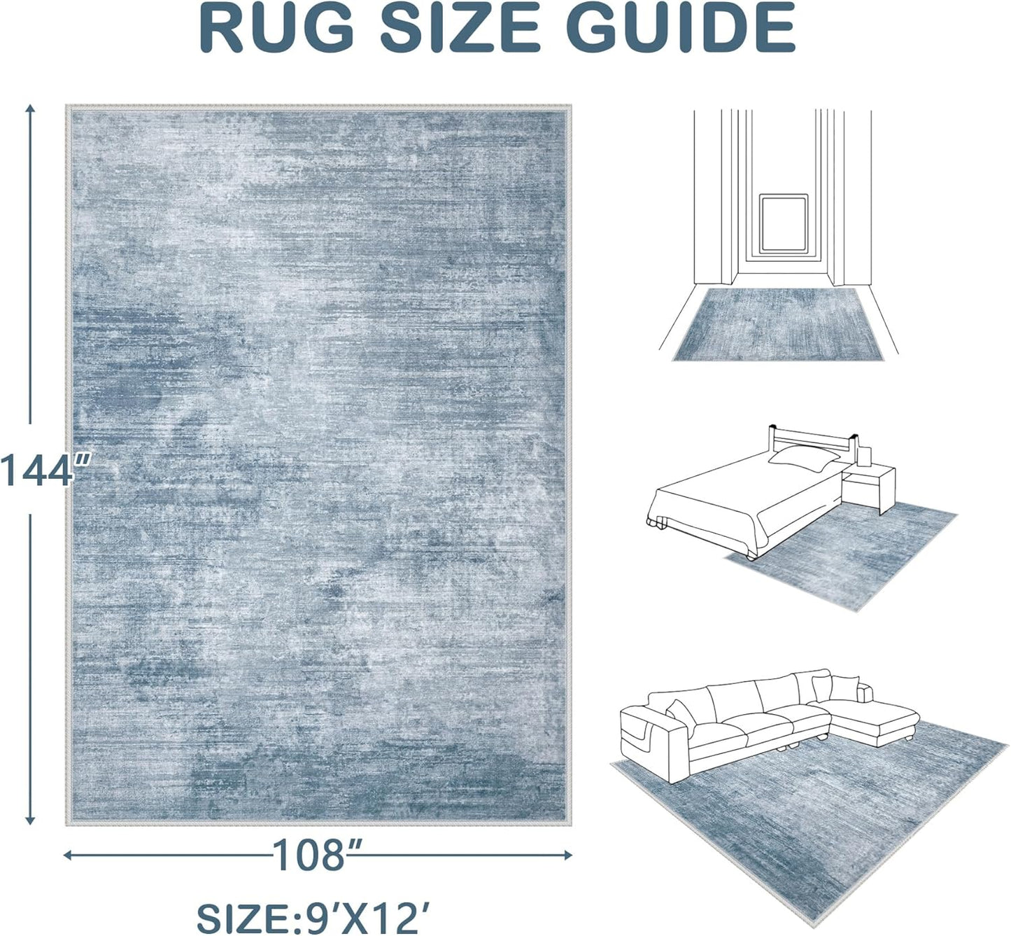 Area Rugs 9x12 Living Room: Washable Rug Modern Abstract Large Rugs Soft Non Slip Neutral Rug Stain Resistant Indoor Carpet for Bedroom Kitchen Dining Room Table Nursery Home Office Rugs(Blue,9'x12')