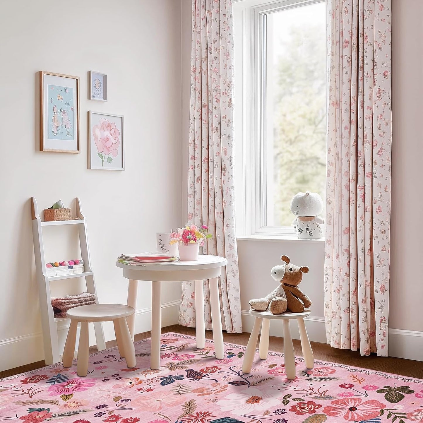 5x8 Area Rug for Nursery Girl Pink Floral Boho Cute Washable Soft Low Pile Non Slip Rugs Vintage Sound Absorbing Stain Resistant Big Carpet Rug for Bedroom Playroom Spring Living Room Dining Room