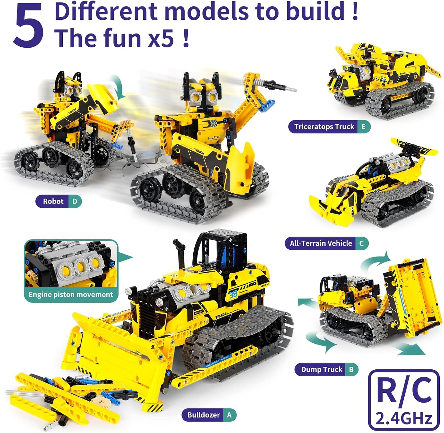 5 in 1 STEM Robot Toy Building Kit, 452 PCS Blocks App & Remote Control Engineering Toys Robotics for Kids Ages 8-12, RC Bulldozer Erector Sets for Boys Girls 6 7 9 10 11 13 14+ Birthday Gifts