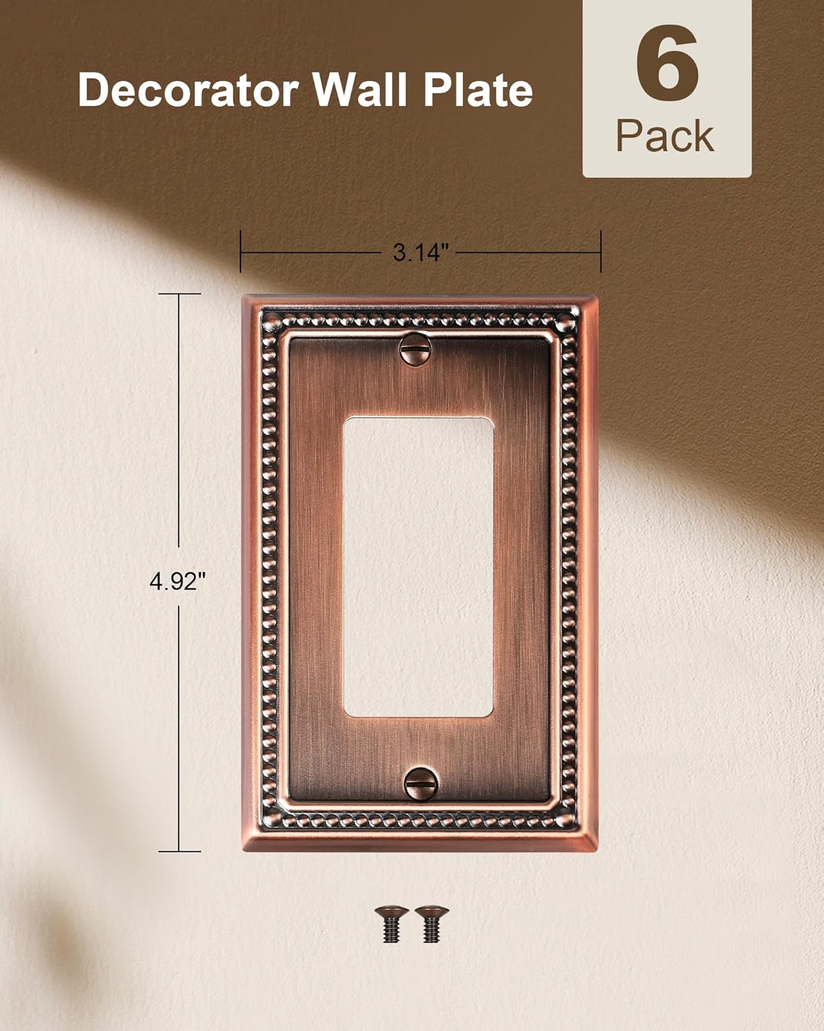6-Pack Decorator Outlet Cover Plate, Decorative Switch Plates and Outlet Covers, Antique Copper Metal Wall Plates for Electrical Outlets, Receptacle, GFCI Outlet, Dimmer Switch