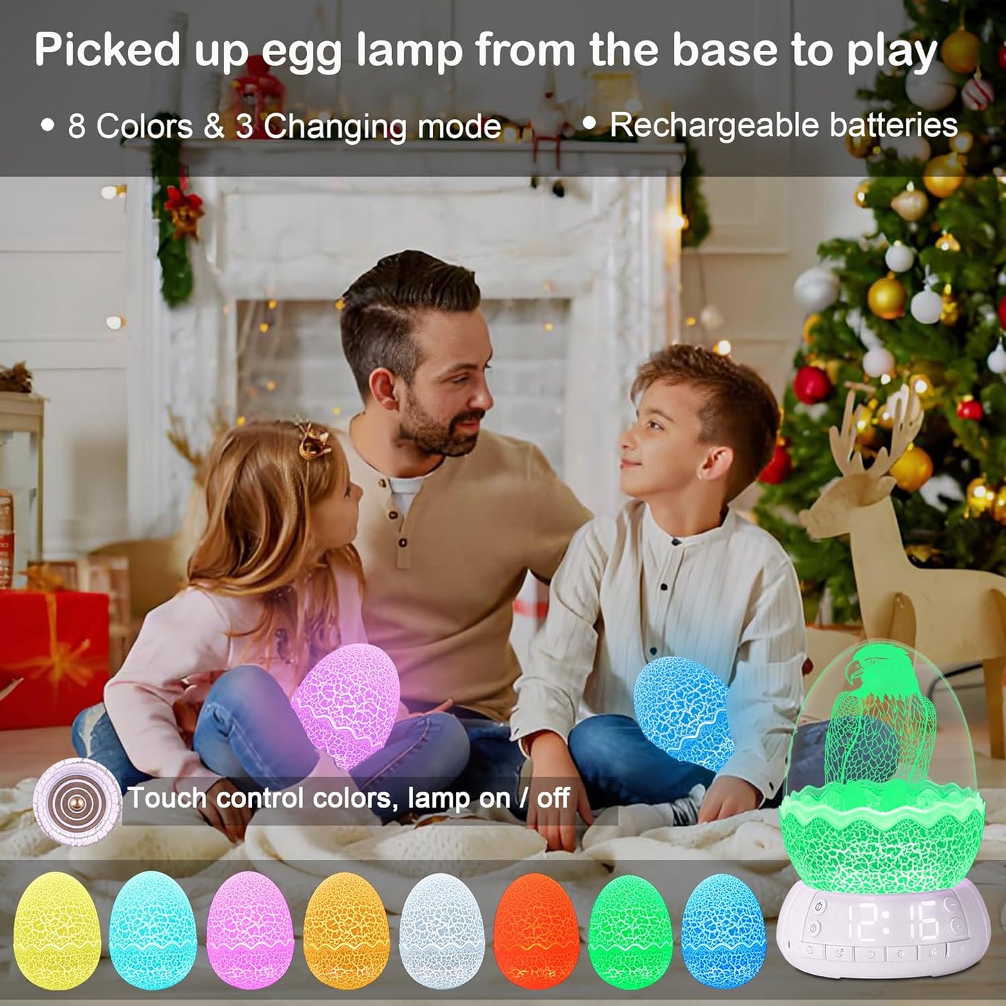 Kids Fun Alarm Clock with Night Light for Bedroom,16 Sleep Sounds Noise Machine& Bluetooth Speaker, 8-Color Dimmable Wake-Up Light with 10/30/60 Minutes Timer, Egg Decorative Light Gift for Boys Girls