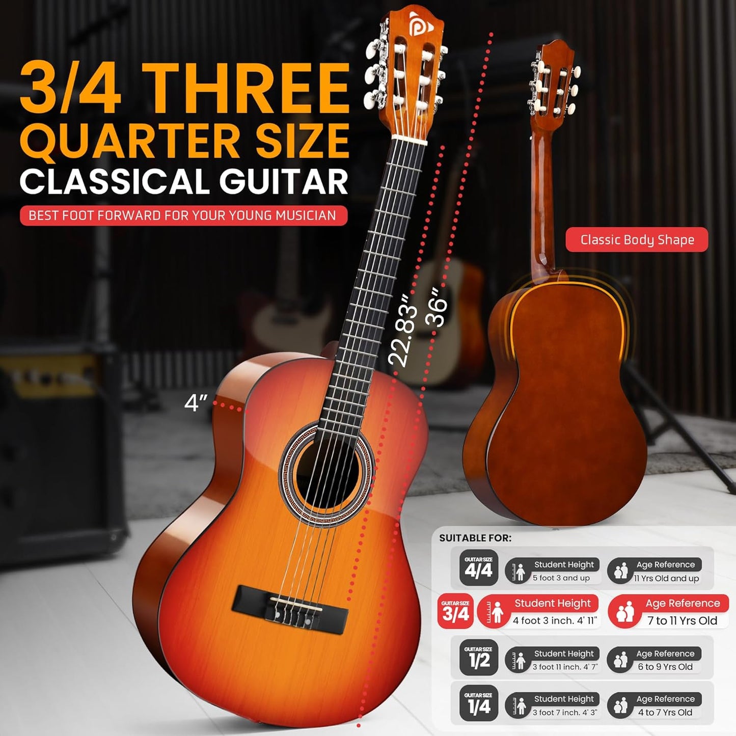 Pyle 36'' -Inch 6-String Classic Guitar-3/4 Size Scale Guitar with Digital Tuner & Accessory Kit, Sunburst, Right, 7 Cherry Burst, Gloss, 36” (PGACLS82CS.X9)