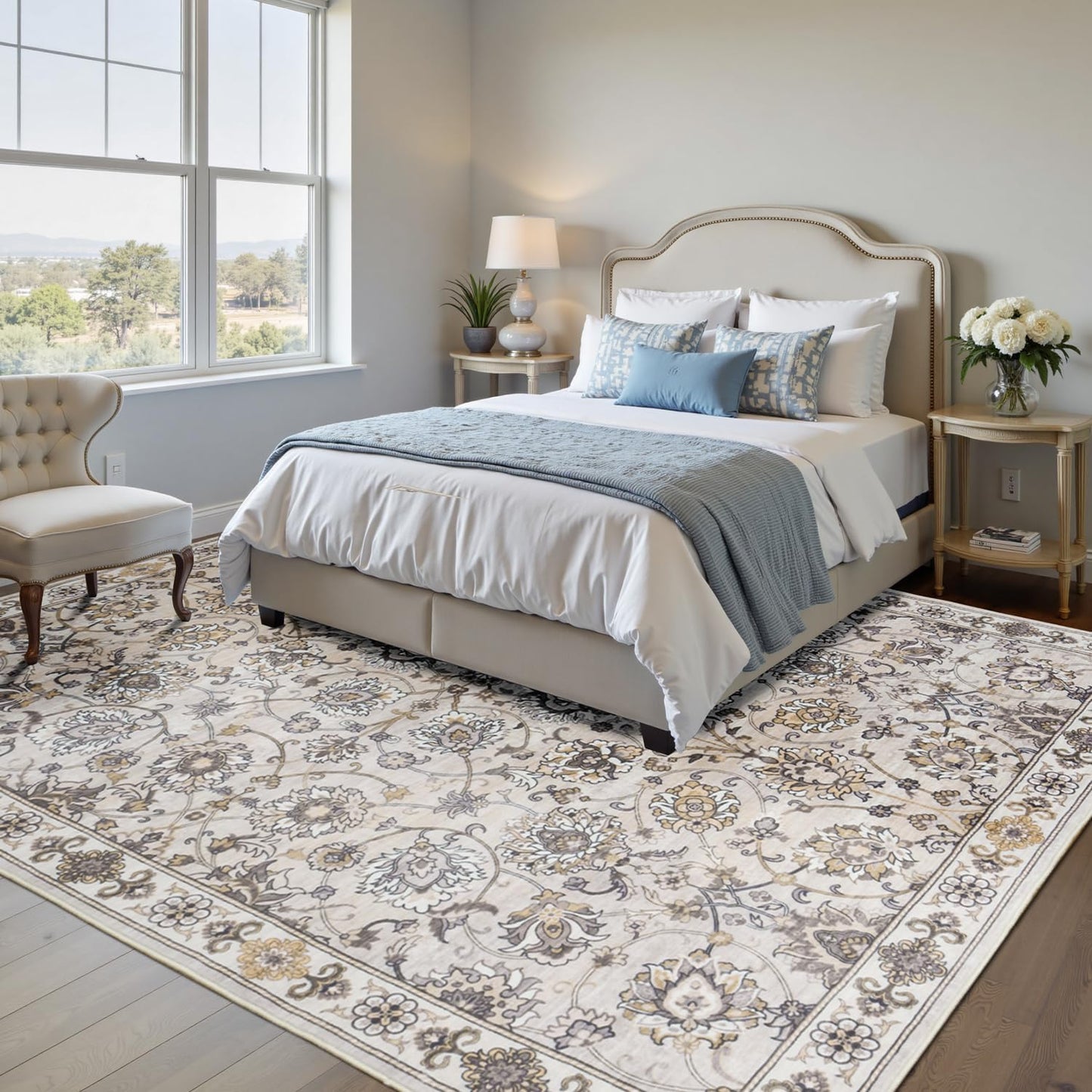 9x12 Neutral Area Rug for Living Room, Washable Large Rugs, Vintage Floral Soft Carpet, Non Slip & Low Pile, Wool Carpets for Indoor Bedroom Dining Home Playroom Office Under Table, Beige