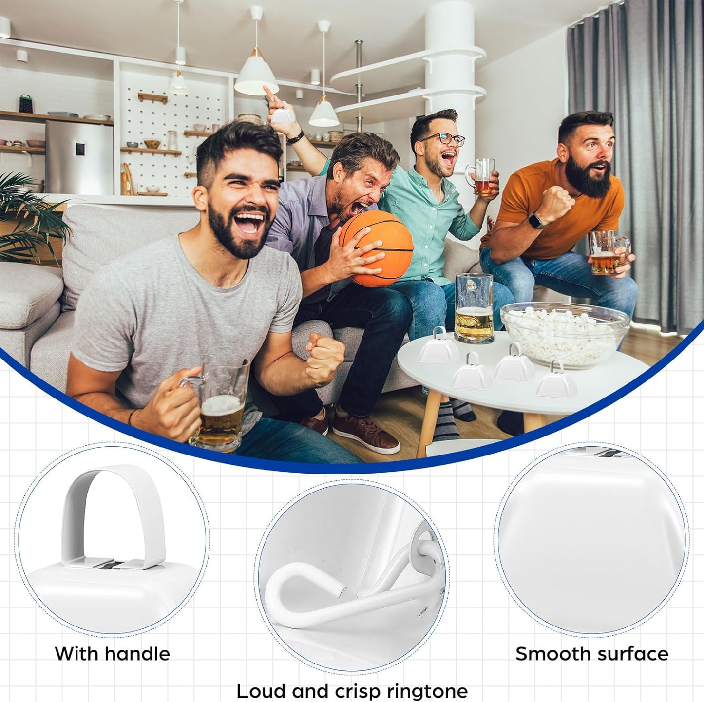 6 Pcs 3 Inch Metal Cowbells Noise Maker Hand Percussion Cow Bells with Handles for Sporting Events Cheering Noisemakers Weddings Team Spirit Sports Party Favors (White)