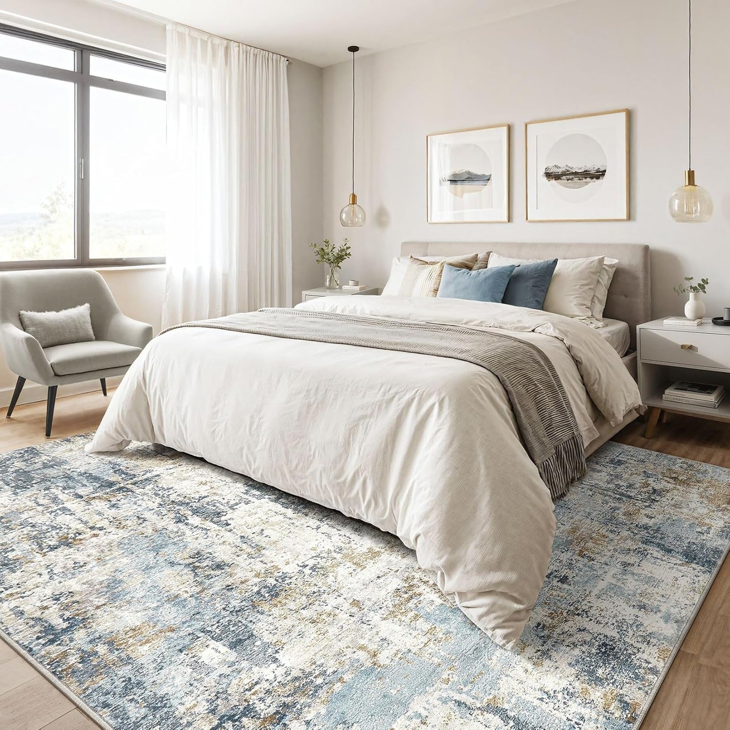 5x7 Area Rugs Washable Rug: Living Room Large Abstract Modern Soft Stain Resistant Indoor Floor Non Slip Accent Carpet for Bedroom Nursery Playroom Dining Room Office Dorm Home- Light Blue