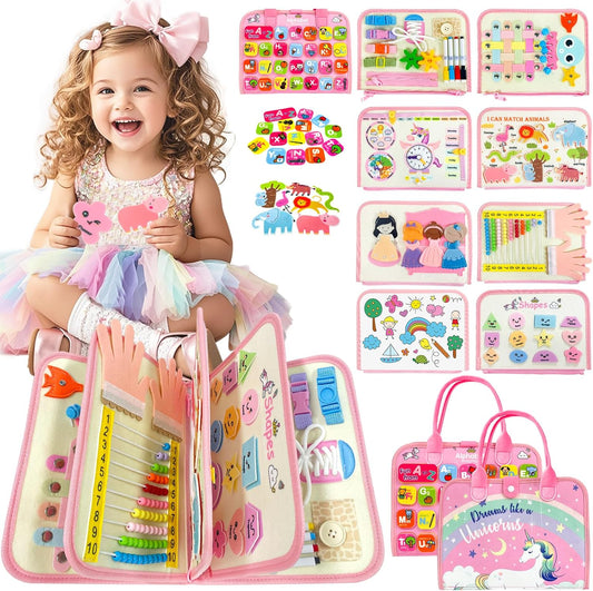 Toddler Busy Board Montessori Toys for 1 2 3 4 Year Old Girl Birthday Gift,Educational Learning Sensory Busy Book for 1-3, Airplane Car Travel Activities Toy for Two Year Old Girl(Pink)