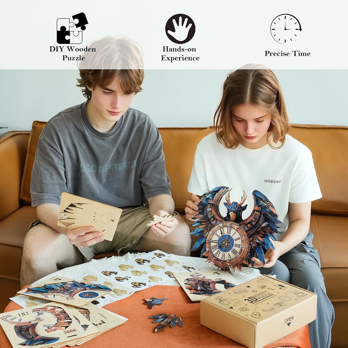 3D Puzzles for Adults Clock-Thunderbird Design Model Kit-Mechanical DIY Pendulum Clock with Roman Numerals-Desk Home Office Decor Personalized Gift for DIY Lovers