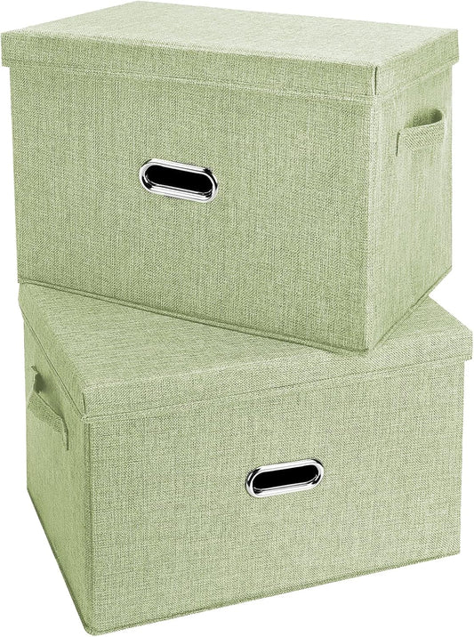 Large Linen Fabric Foldable Storage Bins with Removable Lid and Handles, Washable Storage Box Organizer Containers Baskets Cube with Cover for Bedroom,Office (Green, Small(2-Pack))