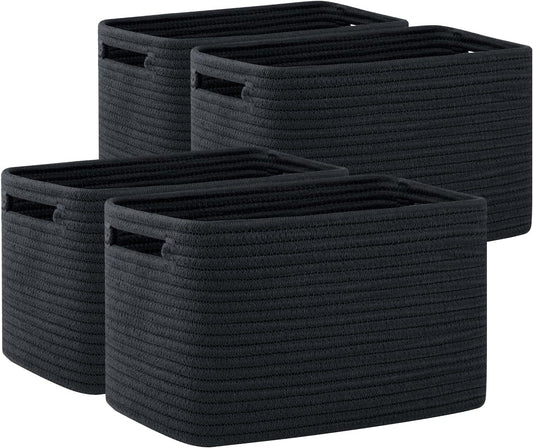OIAHOMY 4 Pack Storage Baskets for Organizing, Cube Storage Bins for Shelves, Rectangle Storage Baskets With Handles, Woven Baskets for Storage, 12.7''Lx9''Wx7.8''H, Black