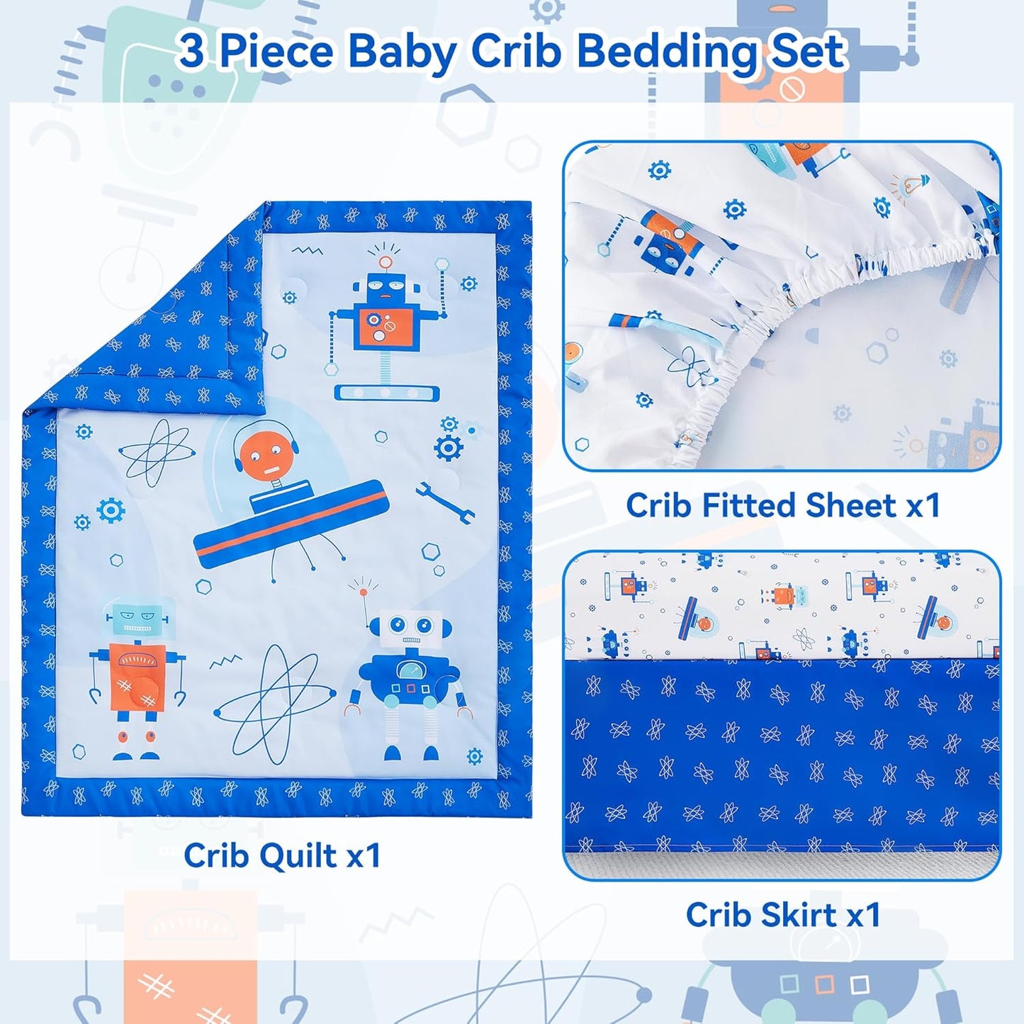Viviland 3 Pieces Baby Bedding Set for Boy Girls, Baby Bedding Set for Newborn, Infant & Toddler - Robot