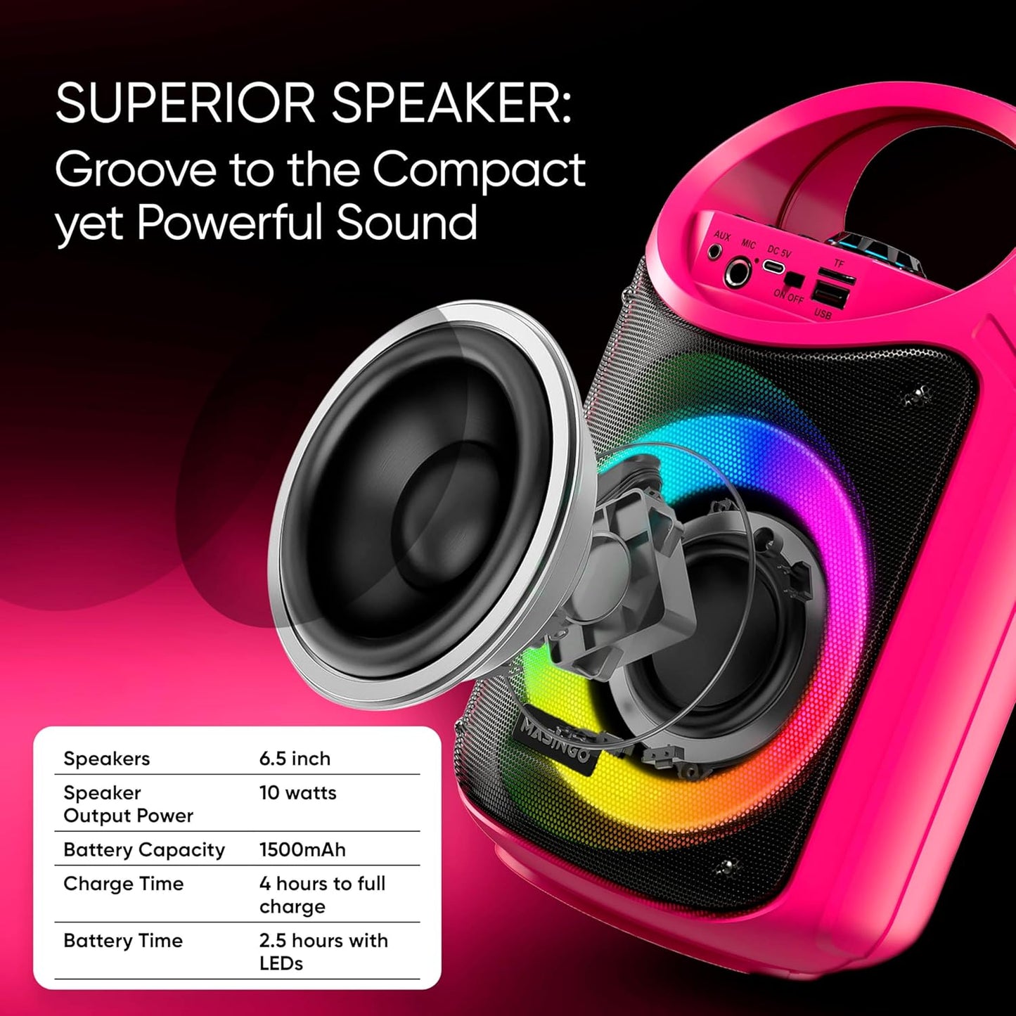 MASINGO Karaoke Machine for Kids and Adults with 2 Wireless Bluetooth Microphones, PA Portable Speaker with Colorful LED Lights, Supports TF Card/USB, AUX/MIC in, TWS for Home Party, Burletta C10 V2