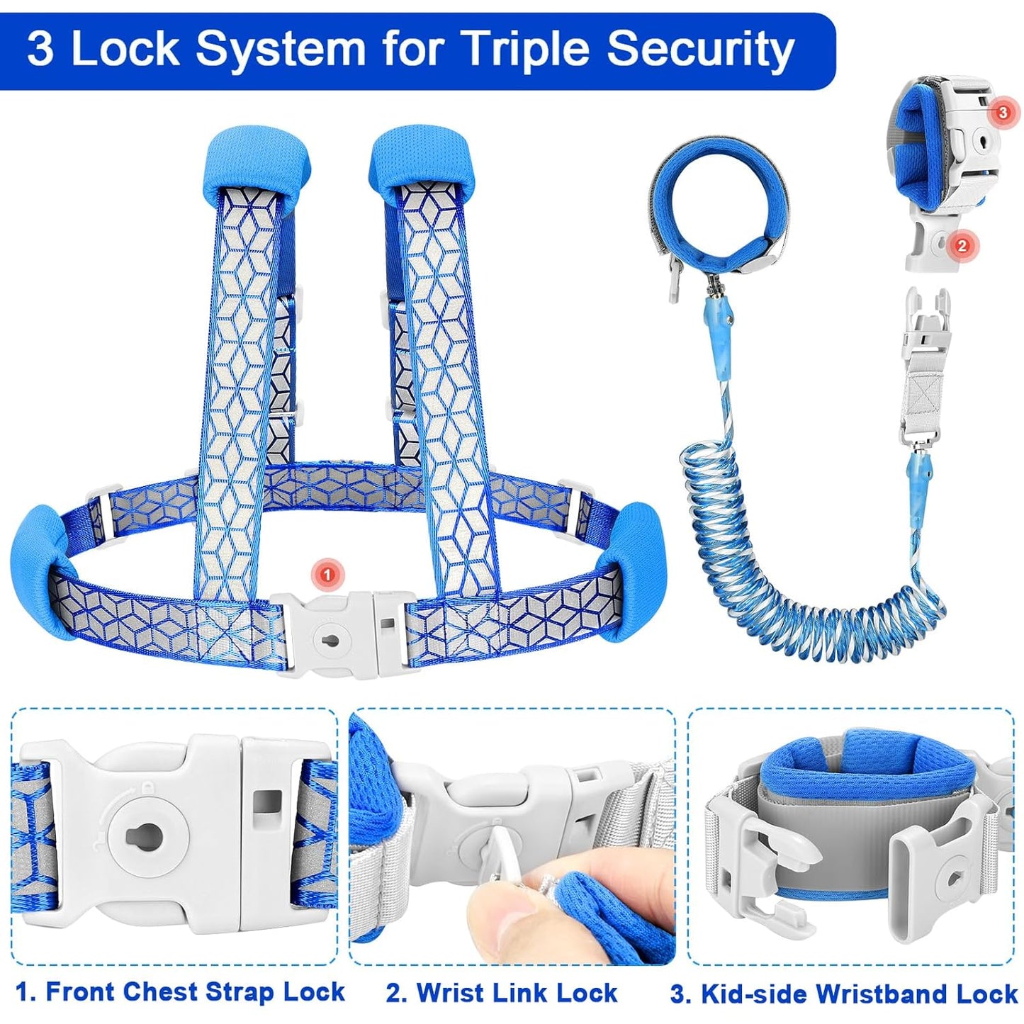 Accmor 3 in1 Toddler Harness Leash, Reflective Kid Harness with Anti Lost Wrist Link, Harness Leash for Toddlers, Child Walking Harness Kids Leash Wristband Rope Belt with Lock for Baby Boys Girls