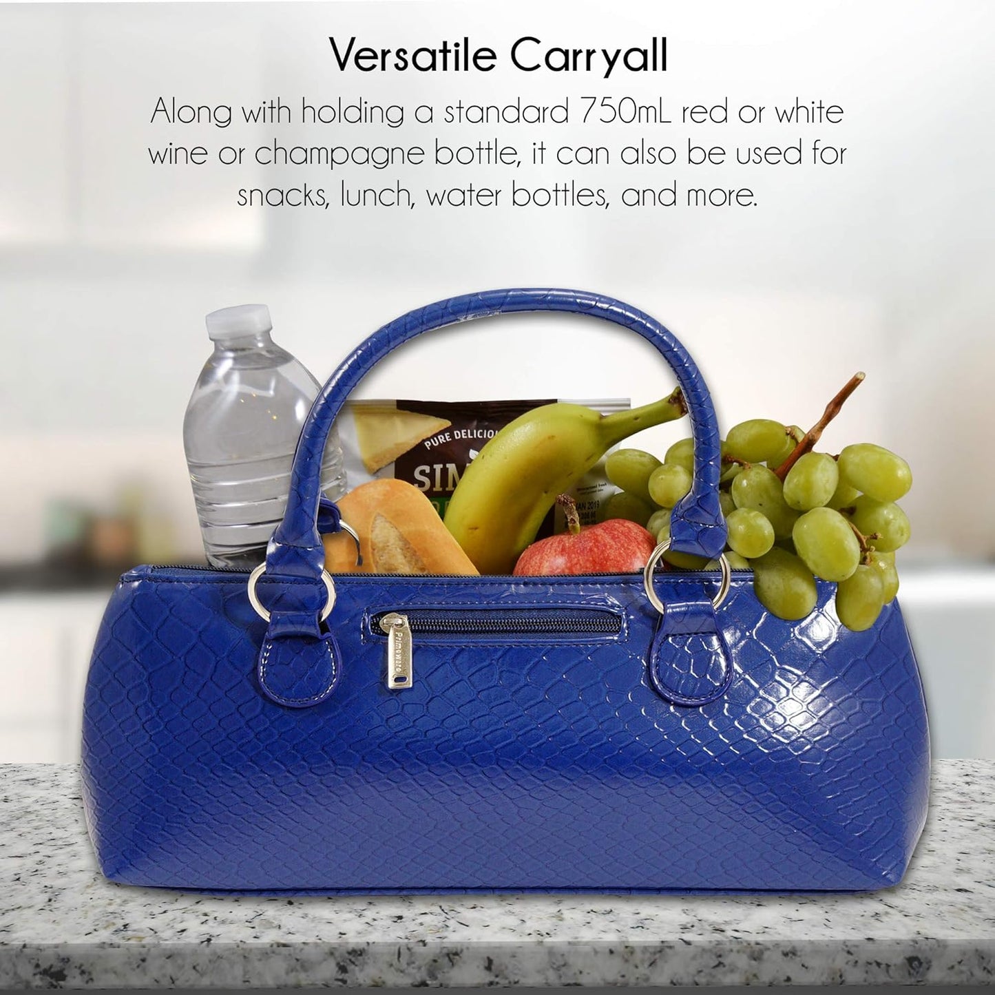 Wine Clutch Bag (Thermal Insulated) Trendy Women’s Carry Tote | Holds Red & White 750mL Bottles | Trendy Fashion | Incl. Portable Waiter-Style Corkscrew (Blue Burmese)