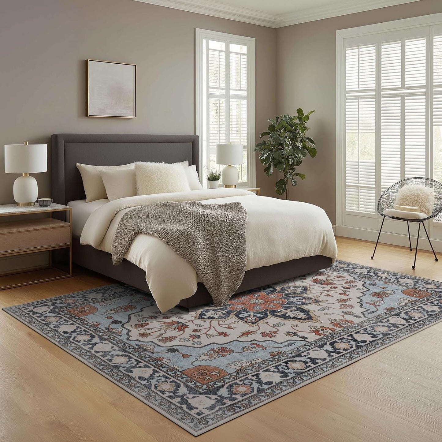 9x12 Area Rug Living Room Rugs, Stain Resistant Washable Rug, Vintage Large Non-Slip Backing, Low Pile Lightweight Print Rug for Bedroom Dinning Room Home Office (Blue/Gray)