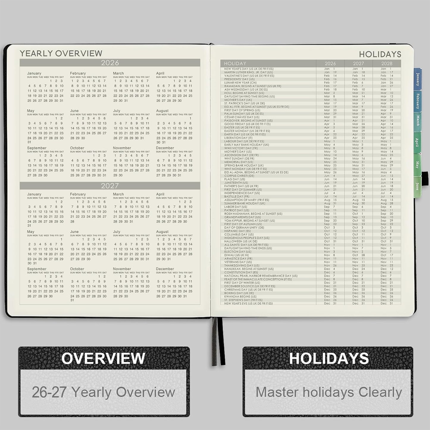 2026 Planner - JAN 2026 - DEC 2026, Planner Weekly and Monthly, Calendar Planner, 8.5" x 11", Leather Cover Planner with Thick Paper, Back Pocket with Notes Pages, Black