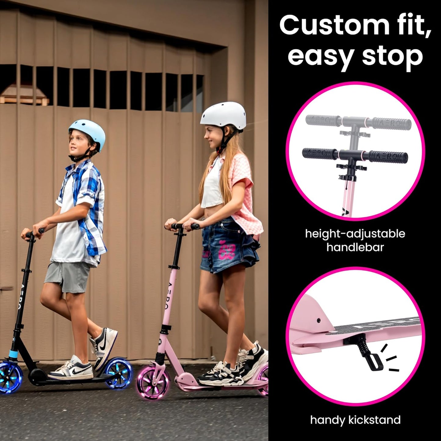 Aero Big Wheels Kick Scooter for Kids 6+, Teens & Adults | Light Up Wheels, Hand Brake, Rubber Deck Mat & Shock Absorption | Foldable & Height Adjustable