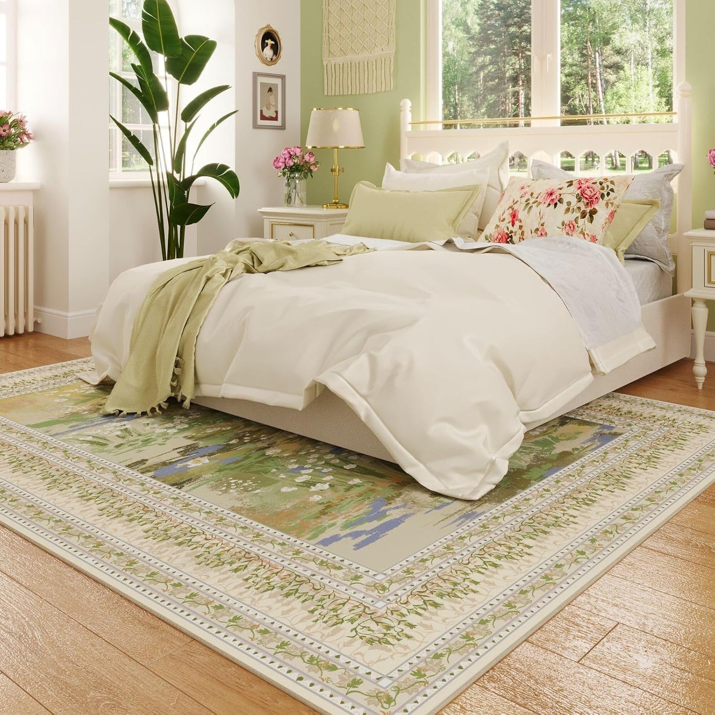 Area Rugs 8x10 Clearance Impressionist-Style Vintage Washable Area Rug Non Slip Low Pile Large Rug for Bedroom Farmhouse Dining Room Kids Playroom, Beige