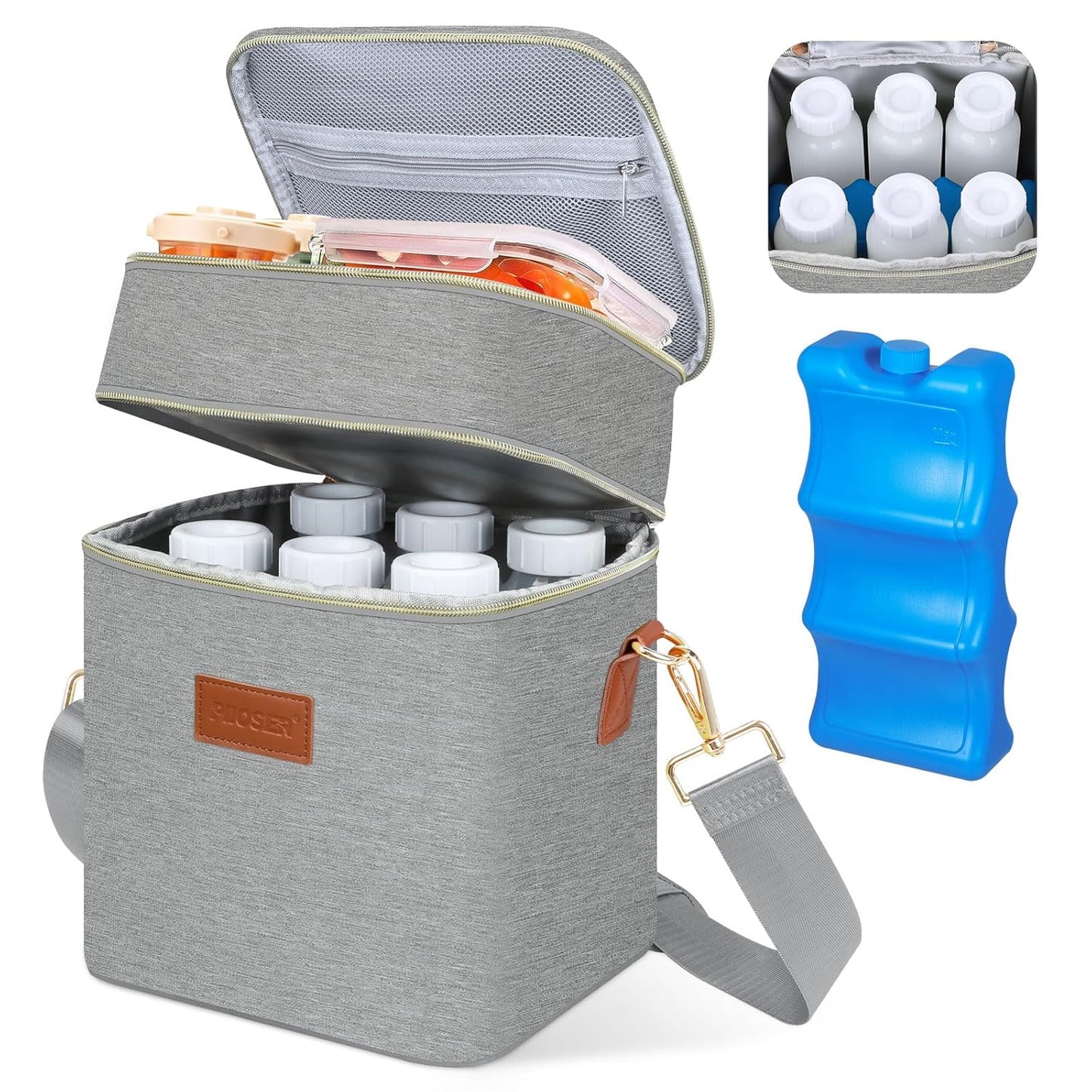 PIIOSER Breastmilk Cooler Bag with Ice Pack Fits 6 Baby Bottles Up to 9 Ounce, Insulated Baby Bottle Tote Bags, Double Layer Waterproof Leak-Proof with Shoulder Strap for Nursing & Working Mom (Grey)