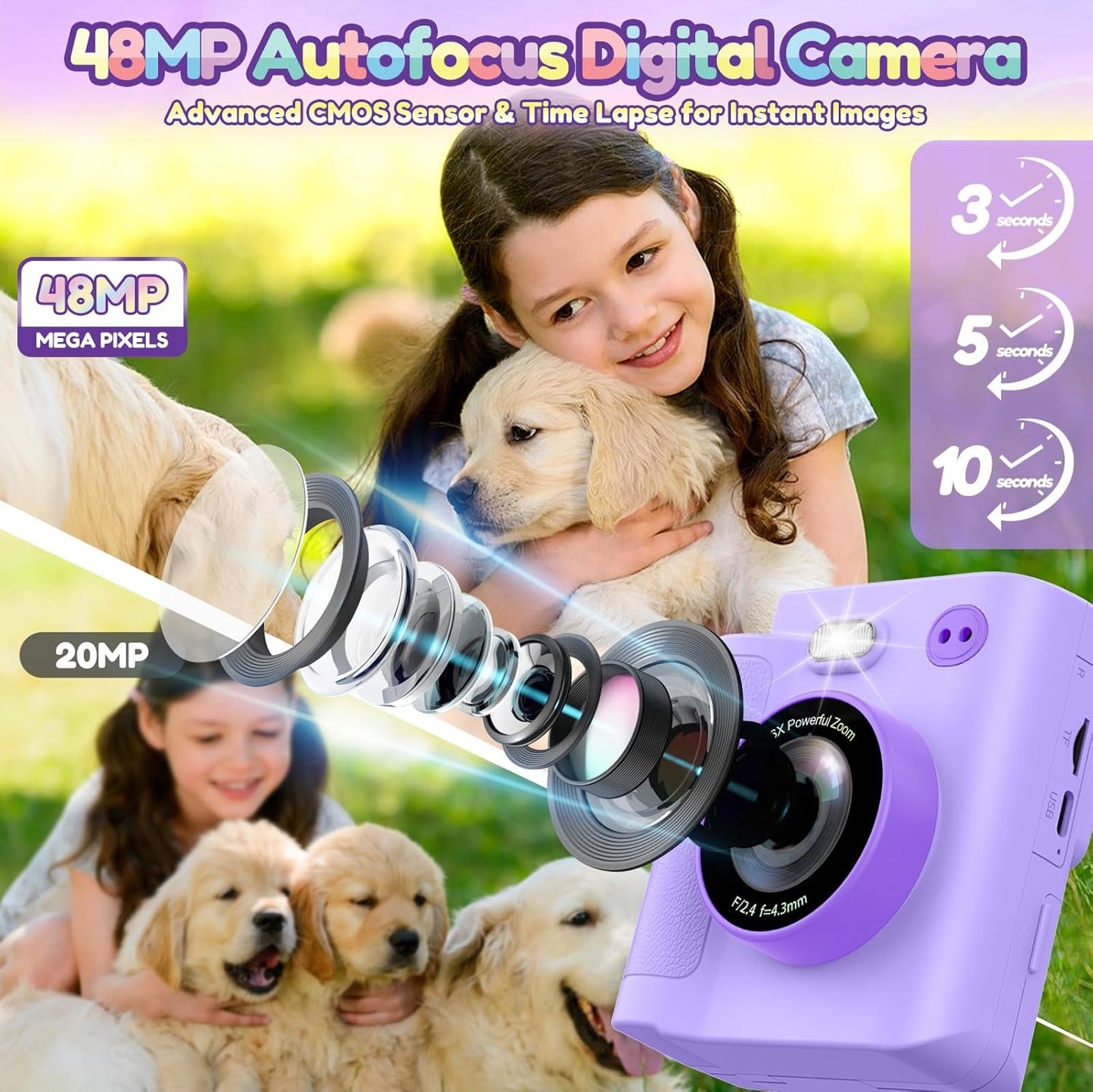 Kids Camera Gift for Girls: Selfie Digital Instant Print Cameras HD Camcorder Toys for Kids Teen Girls Boys Ages 3 4 5 6 7 8 9 10 12 Birthday Christmas Valentines Easter Gifts with 32G SD Card Purple