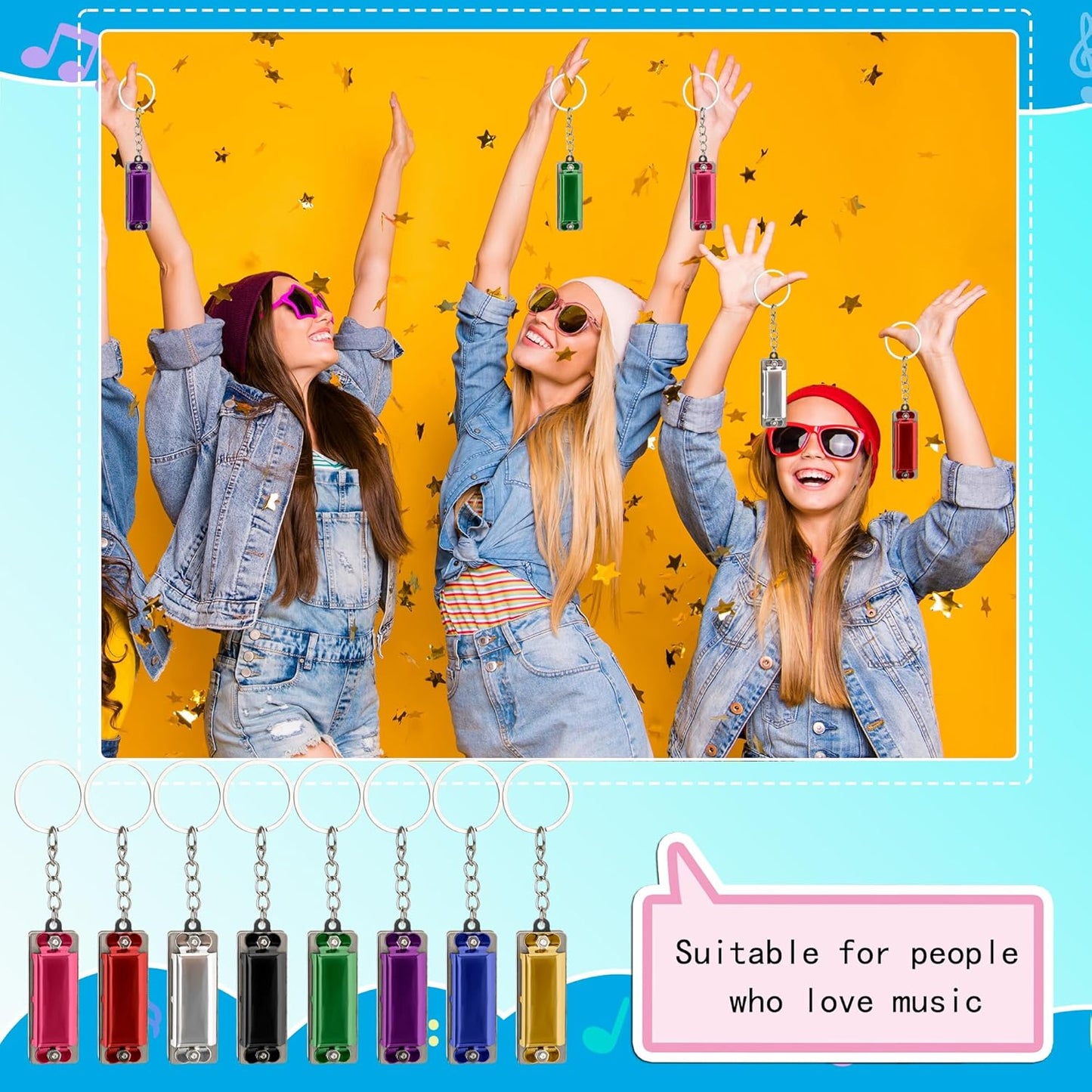 36-Piece Mini Harmonica Keychain for Kids, Portable Music Harmonica, 4 Holes, 8 Tunes, 8 Colors