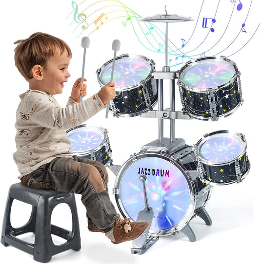 Kids Drum Set for Toddlers 1-3, Upgraded Jazz Drum Set for Kids, Musical Instrument Toys & Lights & All Plastic, Percussion Beginner kit for Boys Girls Toddlers Aged 3-5 5-7