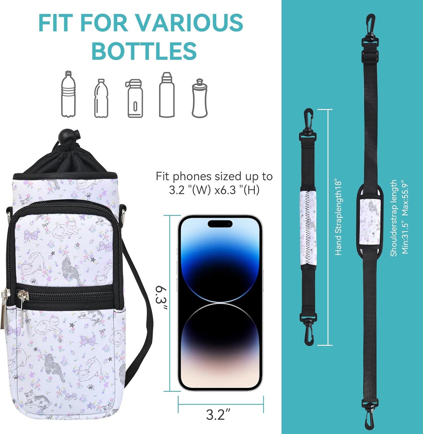 AUPET Water Bottle Sling Bag Sleeve Holder Carrier 25/32/40/64 oz,Insulated Crossbody Water Bottle Case Cover with Strap and Pockets for Men/Women Walking Hiking
