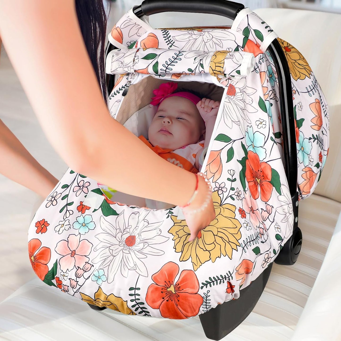 Baby Carseat Cover Girls, Pea Pod Infant Car Seat Covers Canopy for Newborn with 2 Layers Windows of Breathable Mesh/Fabric, Lightweight Polyester/Minky Dot Backing, Snug Fit Most Baby Car Seat