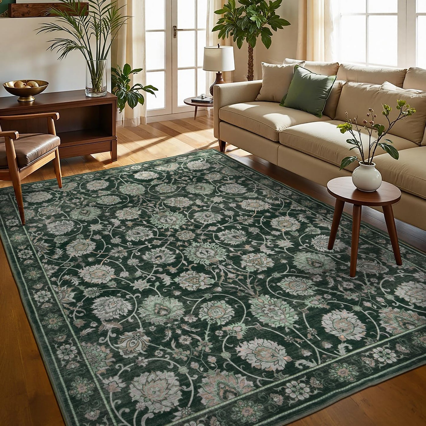 6x9 Area Rug for Living Room & Bedroom, Washable Non-Slip Floral Rugs, Soft Vintage Carpet, Low Pile Wool Carpets for Indoor Dining Home Office Playroom Under Table, Modern Decor, Dark Green