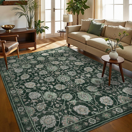 6x9 Area Rug for Living Room & Bedroom, Washable Non-Slip Floral Rugs, Soft Vintage Carpet, Low Pile Wool Carpets for Indoor Dining Home Office Playroom Under Table, Modern Decor, Dark Green