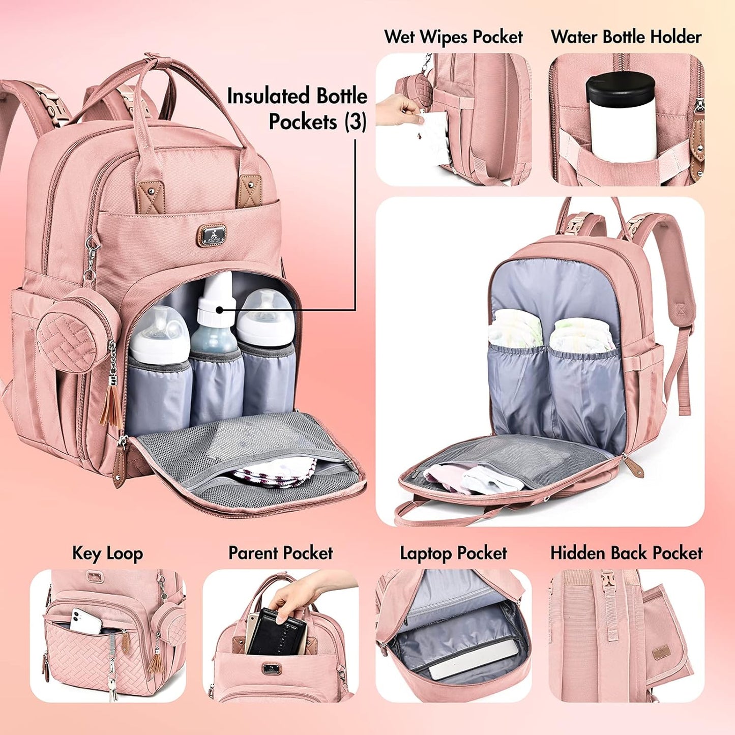 Dikaslon Diaper Bag Backpack with Portable Changing Pad, Pacifier Case and Stroller Straps, Large Unisex Baby Bags for Boys Girls, Multipurpose Travel Back Pack Moms Dads, Pink