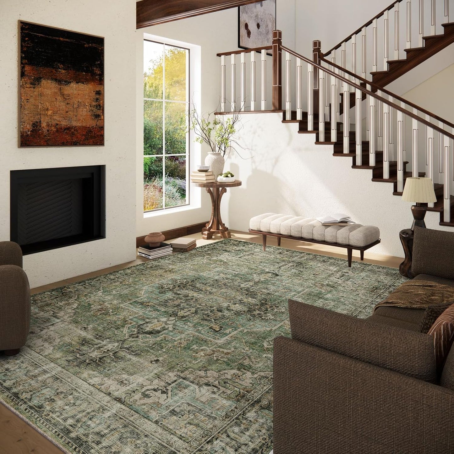 5x7 Area Rugs for Living Room: Washable Bedroom Rug Boho Vintage Rugs Stain Resistant Non Slip Low Pile Soft Lightweight Carpet for Kitchen Dining Room Farmhouse Nursery Kids Room