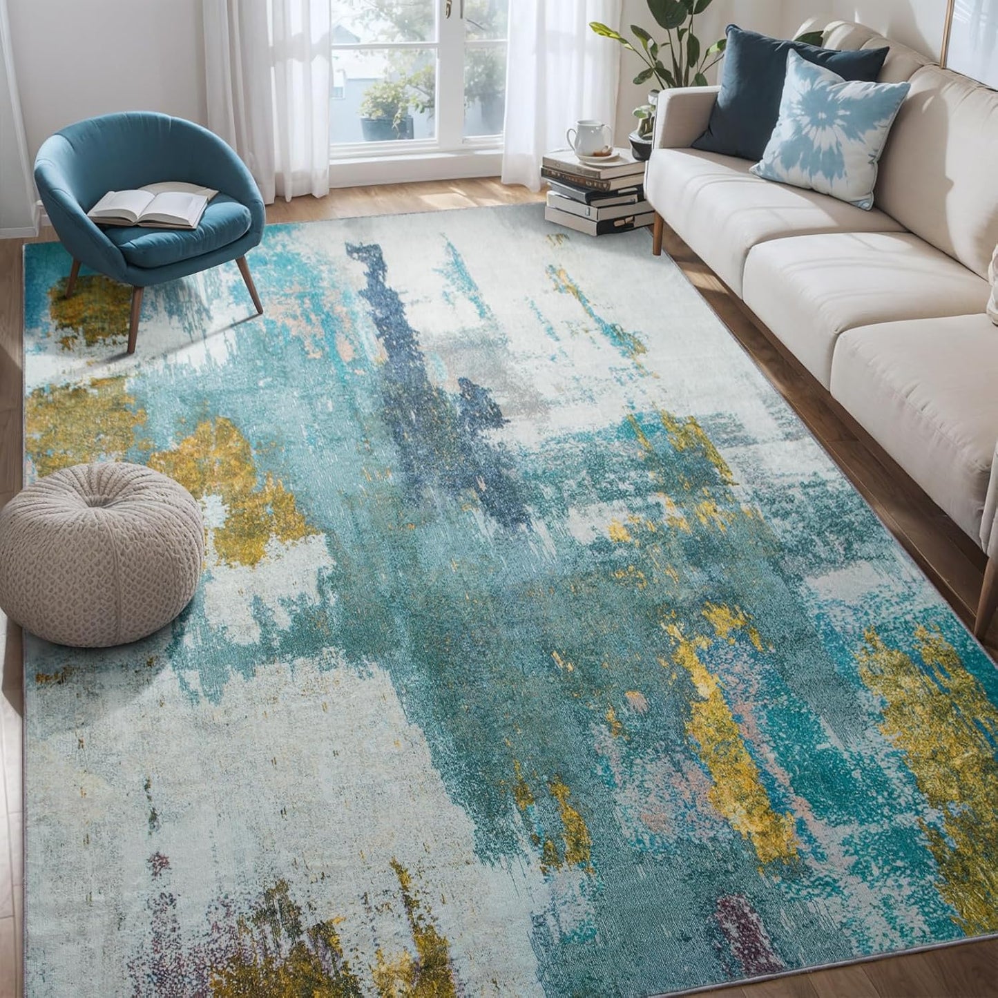 Kelarea 6x9 Area Rugs for Living Room, Washable Abstract Non-Slip Large Rug Stain Resistant Blue Carpet, Low Pile Soft Indoor Rug for Bedroom, Dining Room, Nursery, Kitchen, Home Office