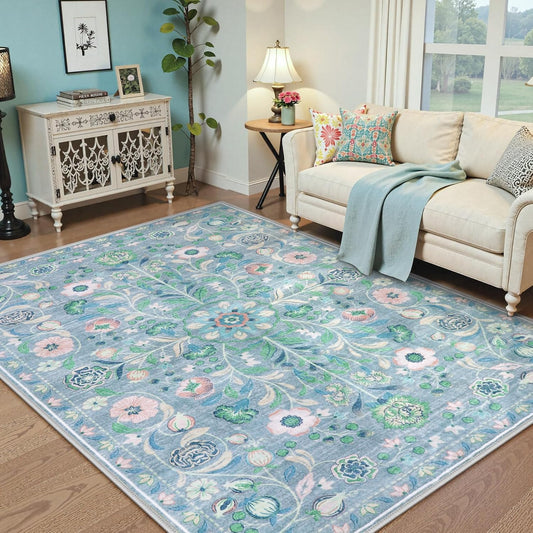 Anidaroel Blue Floral Rugs for Living Room 8x10, Washable Boho Area Rugs for Bedroom Vintage Soft Nursery Rug, Non-Slip Stain Resistant Dining Room Mat Carpet for Kids Playroom Office