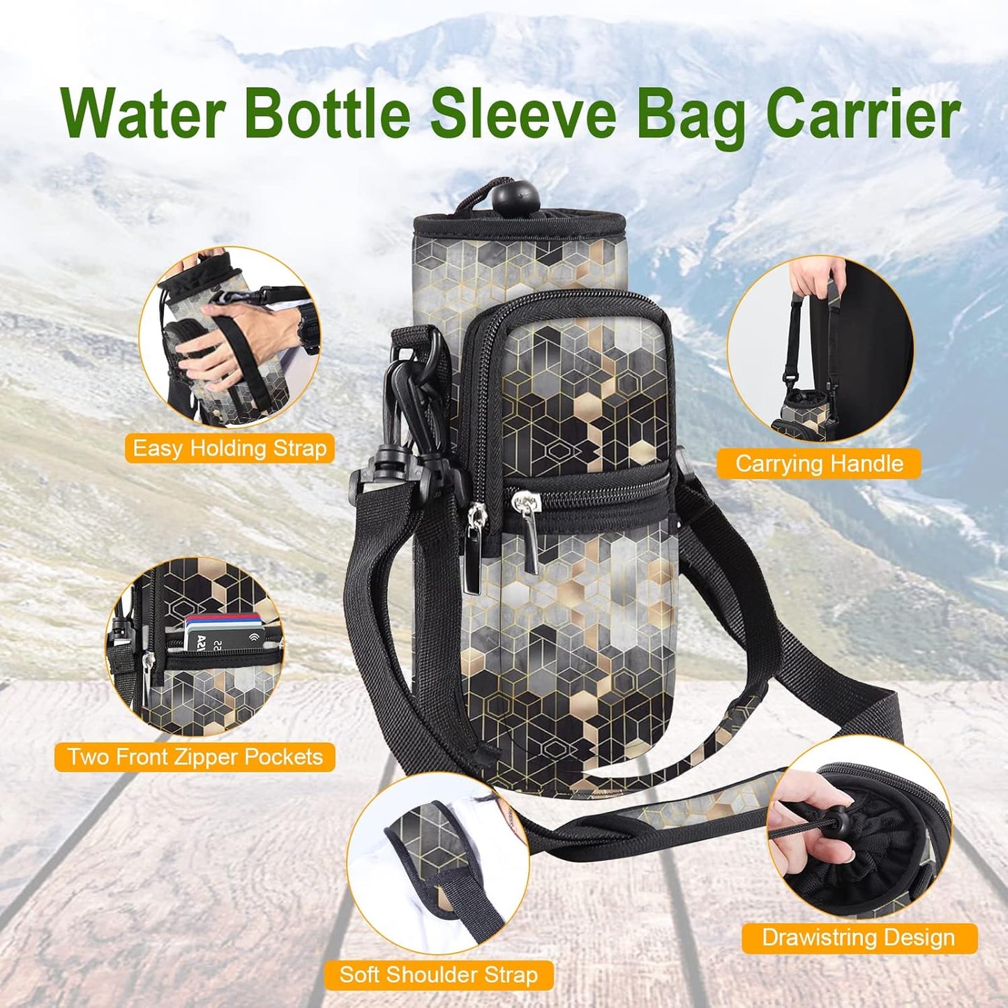 25/32/40/64oz Water Bottle Bag Holder Carrier-Insulated Crossbody Sling Case Sleeve with Strap & Pockets for Men Women Gym Cycling Travel Walking Hiking Camping