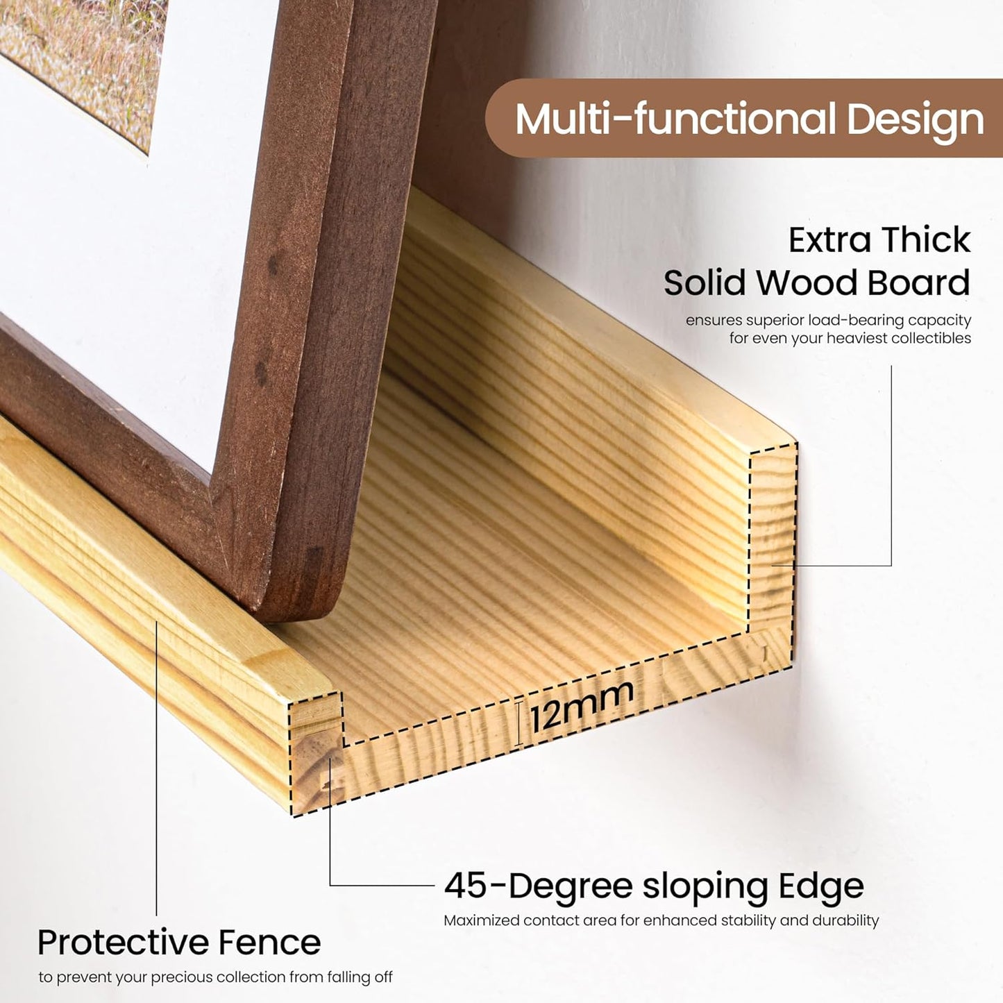 Picture Ledge Shelf, Solid Pine Wood Floating Shelves Set of 2, 40 Inches Nursery Book Shelves for Toys Storage, Kids Bookshelf Wall Mounted for Living Room Bedroom Decor Books Photo Frames, Natural