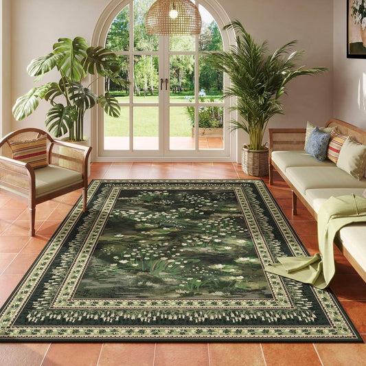 4x6 Rug for Bedroom Impressionist-Style Vintage Washable Rugs Non Slip Low Pile Small Carpet for Bedside Kids Room Office Dining Room, Green