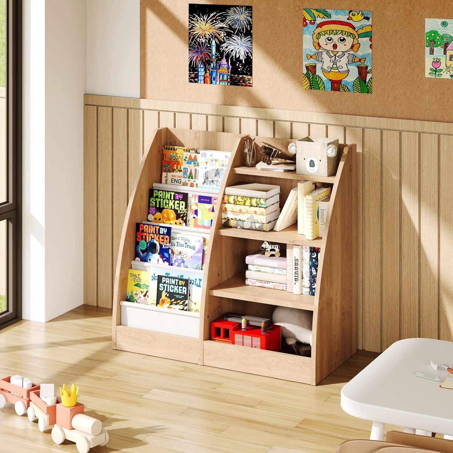 4 Tier Kids Bookshelf,4 Layer Sling Kids Book Shelf for Kids Rooms,Wood Children Bookcase,Baby Storage Book Rack,Toddler Bookshelf, Book and Toy Organizer,Book Display Shelf for Bedroom, Nursery