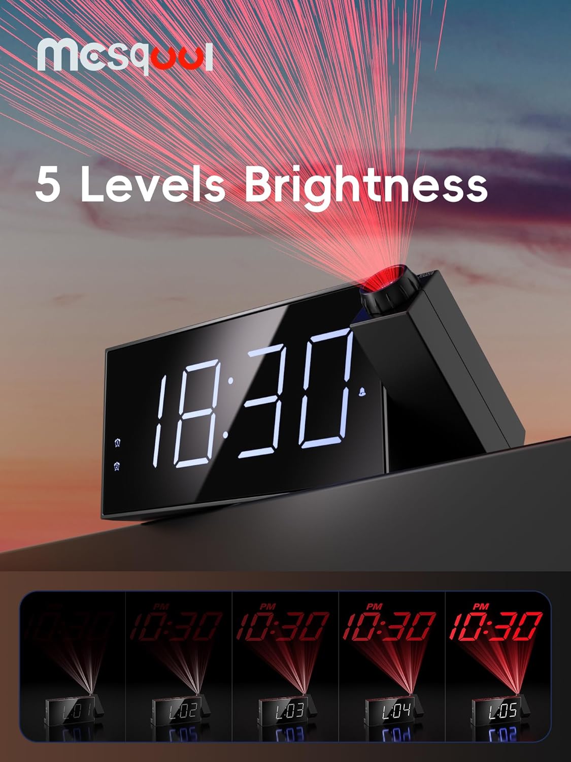 Projection Digital Alarm Clock with Bed Shaker for Bedroom, Extra Loud Alarm Clock for Heavy Sleeper, 180° Rotable Ceiling Projector Clock,2 Alarm,5 Dimmer Volume,USB Charger, Battery Backup,12/24H…