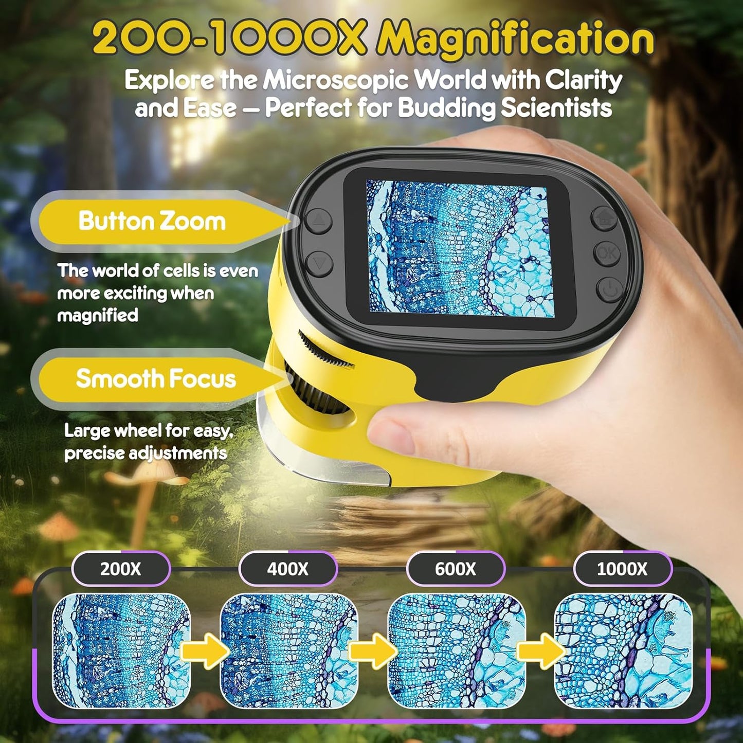 1000X Handheld Microscope for Kids 4K 2.0" Screen Rechargeable Mini Pocket Digital Microscopes w/Slides Kit Portable Edu Gift Age 4-6 8-12 Children Students (Yellow)