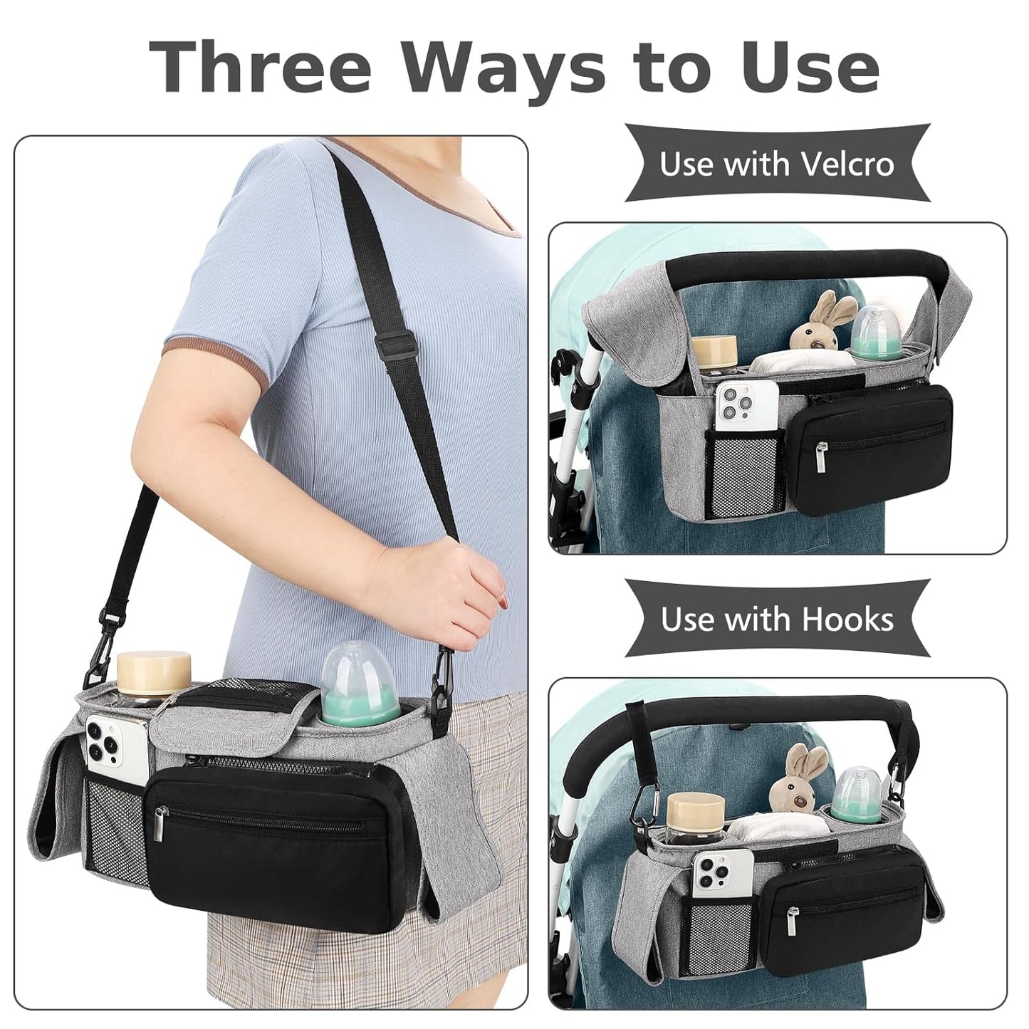 Accmor Universal Stroller Organizer with Insulated Cup Holder Detachable Phone Bag and Shoulder Strap,Stroller Bag Caddy Organizer Fits for Uppababy, Baby Jogger, Britax Strollers