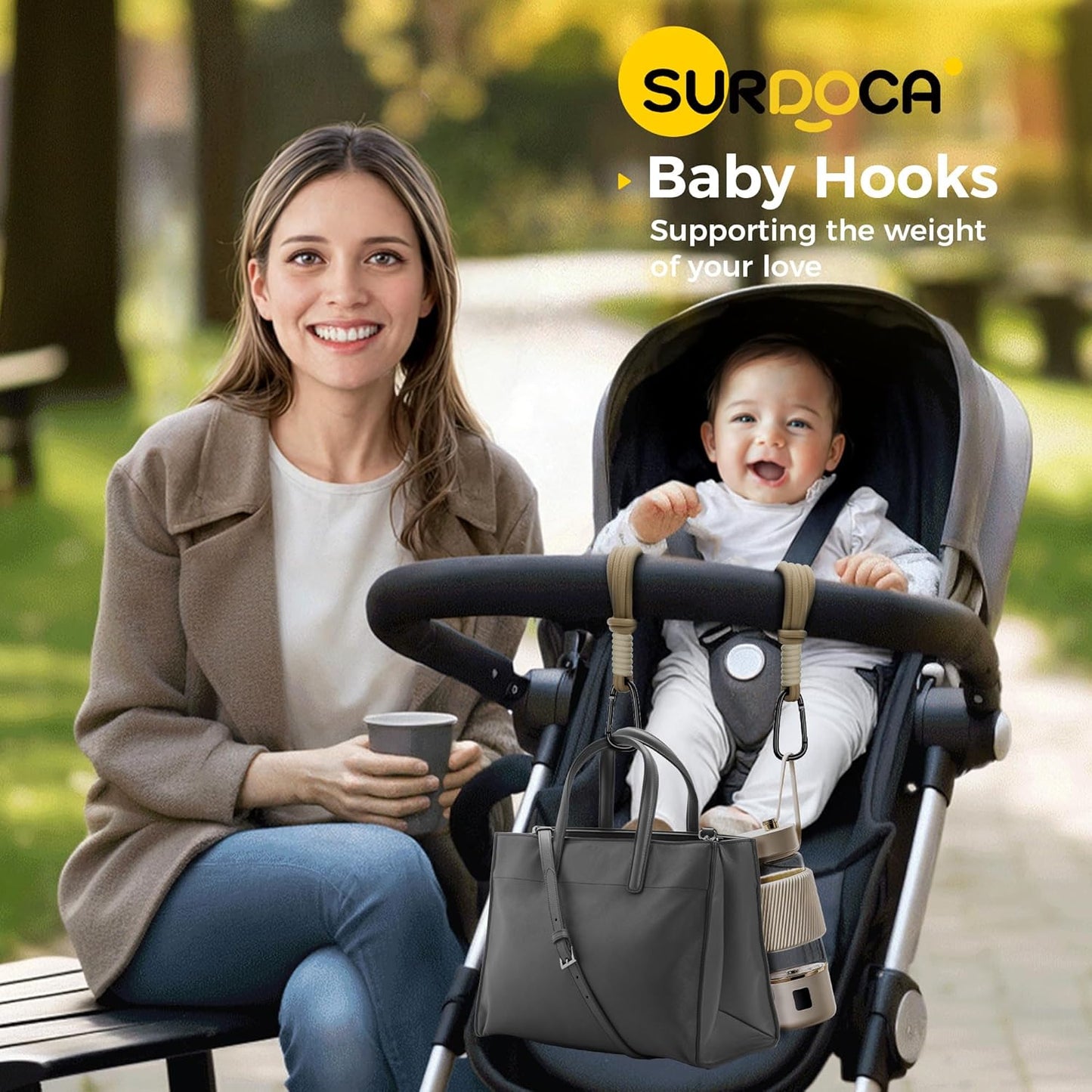 SURDOCA Baby Stroller Hooks, Stroller Clips and Hooks for Diaper Bag, Mommy Bag Hook for Stroller Heavy Duty, Universal Stroller Hanger and Strap, Stroller Accessories for Mom