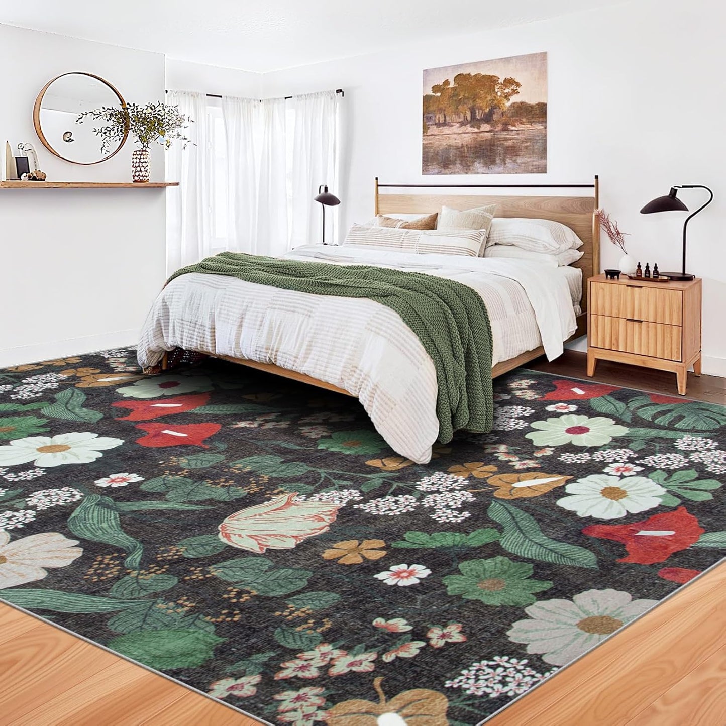 8x10 Area Rug for Living Room: Vintage Floral Washable Rug Soft Boho Non Slip Carpet Large Indoor Floor Non Shedding Low Pile Thin Carpets for Bedroom Dining Room Farmhouse Nursery Home Office Green