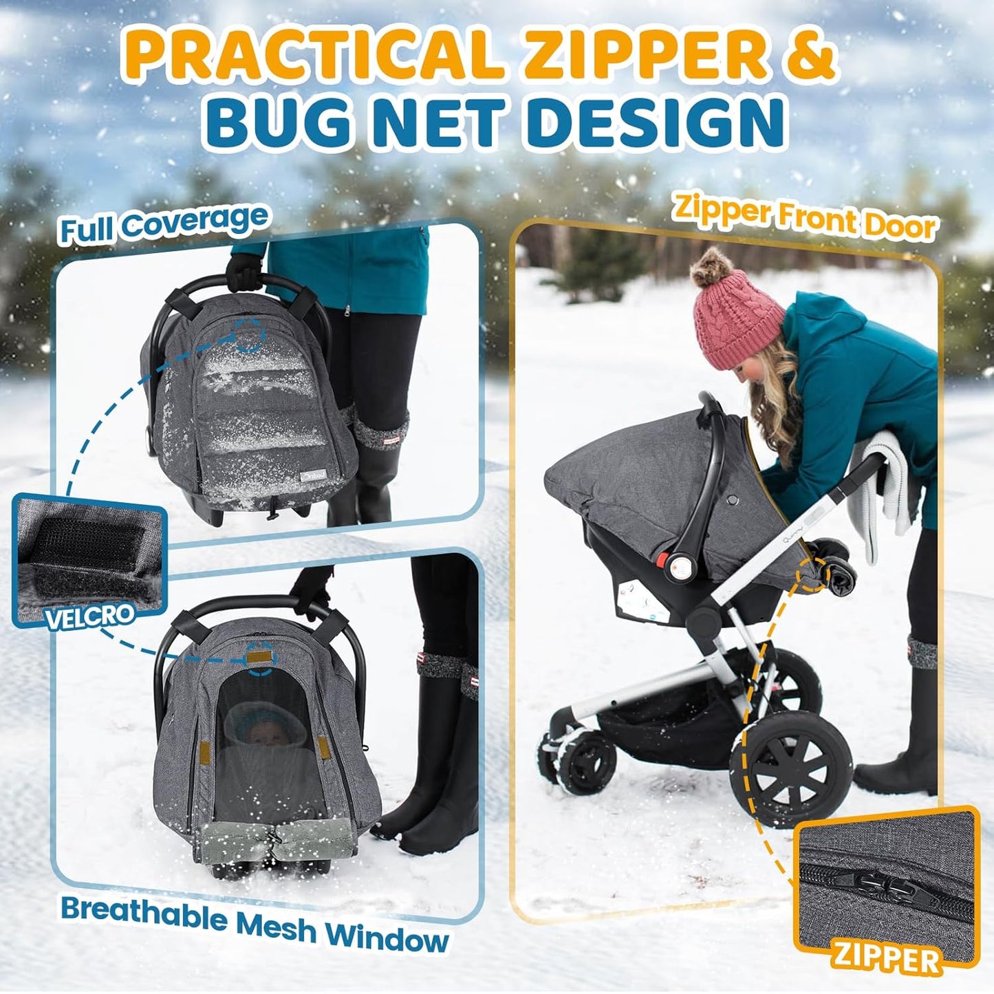 Orzbow Winter Car Seat Cover for Babies, Waterproof Carseat Canopy Cover with Peep Window of Breathable Mesh, Warm and Cozy Baby Car Seat & Carrier Covers for Cold Weather, Machine Washable, Dark Grey